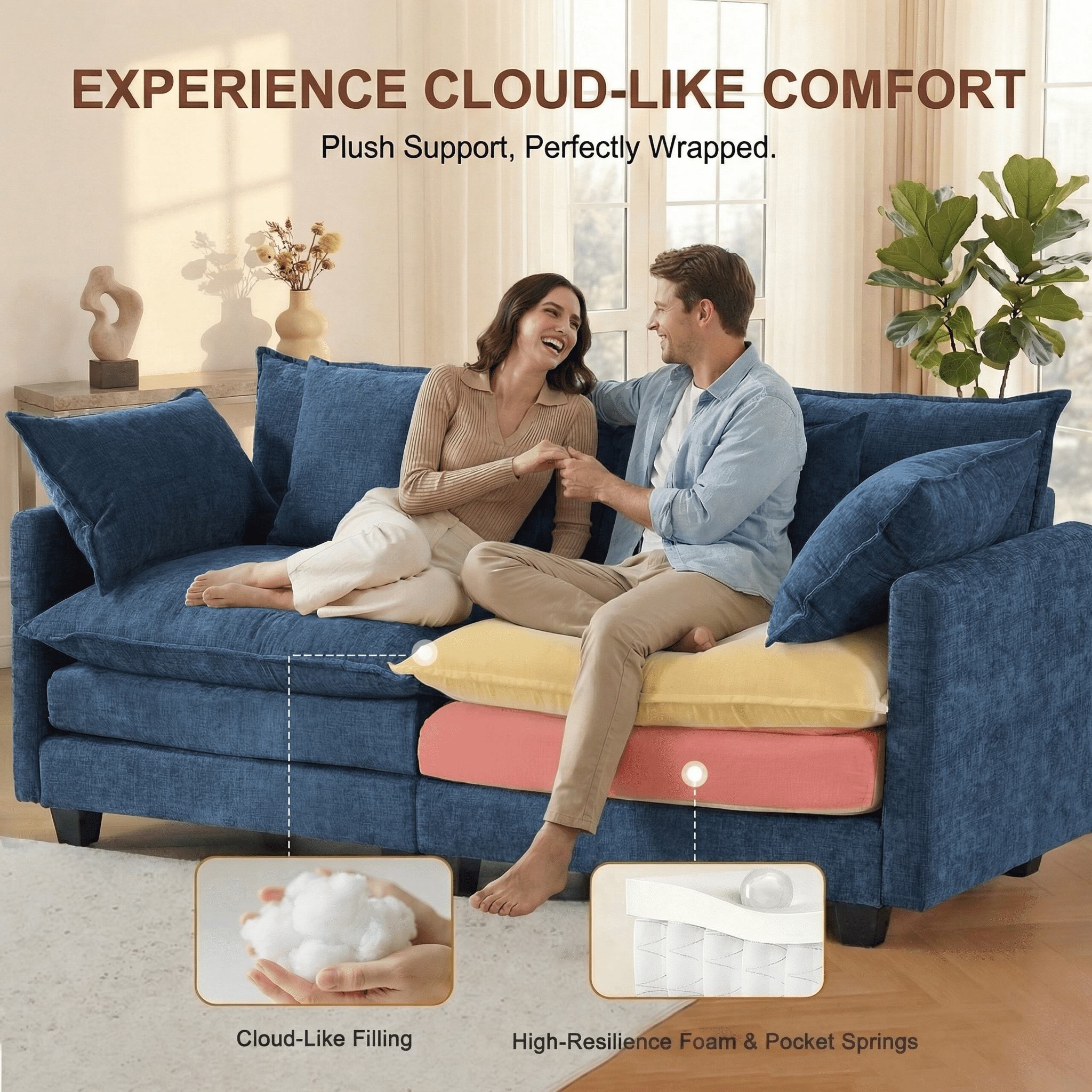 Dioepic Cloud Chenille 3-Seat Living Room Sectional Sofa Modern Cloud Couch 111.4 with Ottoman & 3 Pillows, Grey