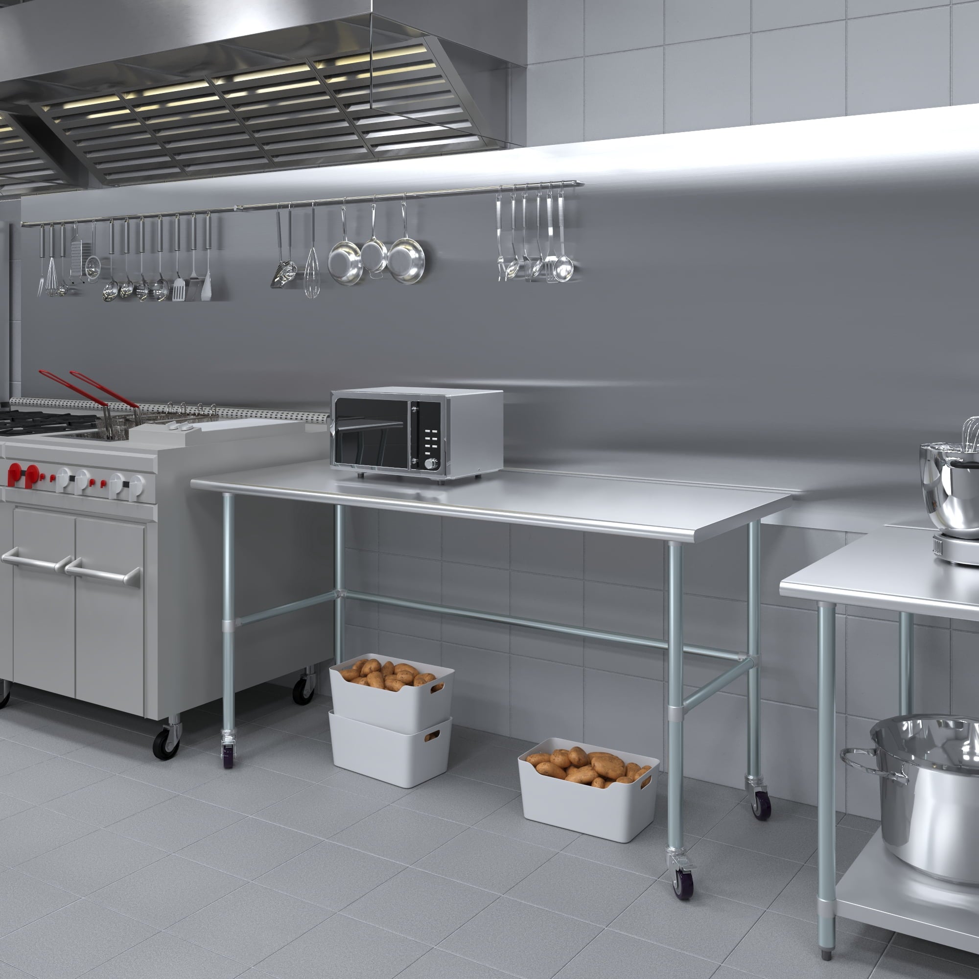 AmGood 36 Long x 30 Deep Stainless-Steel Work Table with Open Base and Wheels, Mobile Metal Table