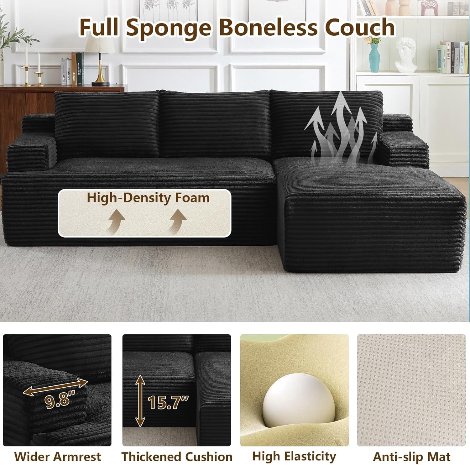 96 Boneless Cloud Couch with Chaise, Modular Sectional Sofa for Living Room, No Assembly Required, Deep Seat Corduroy Couch, Green