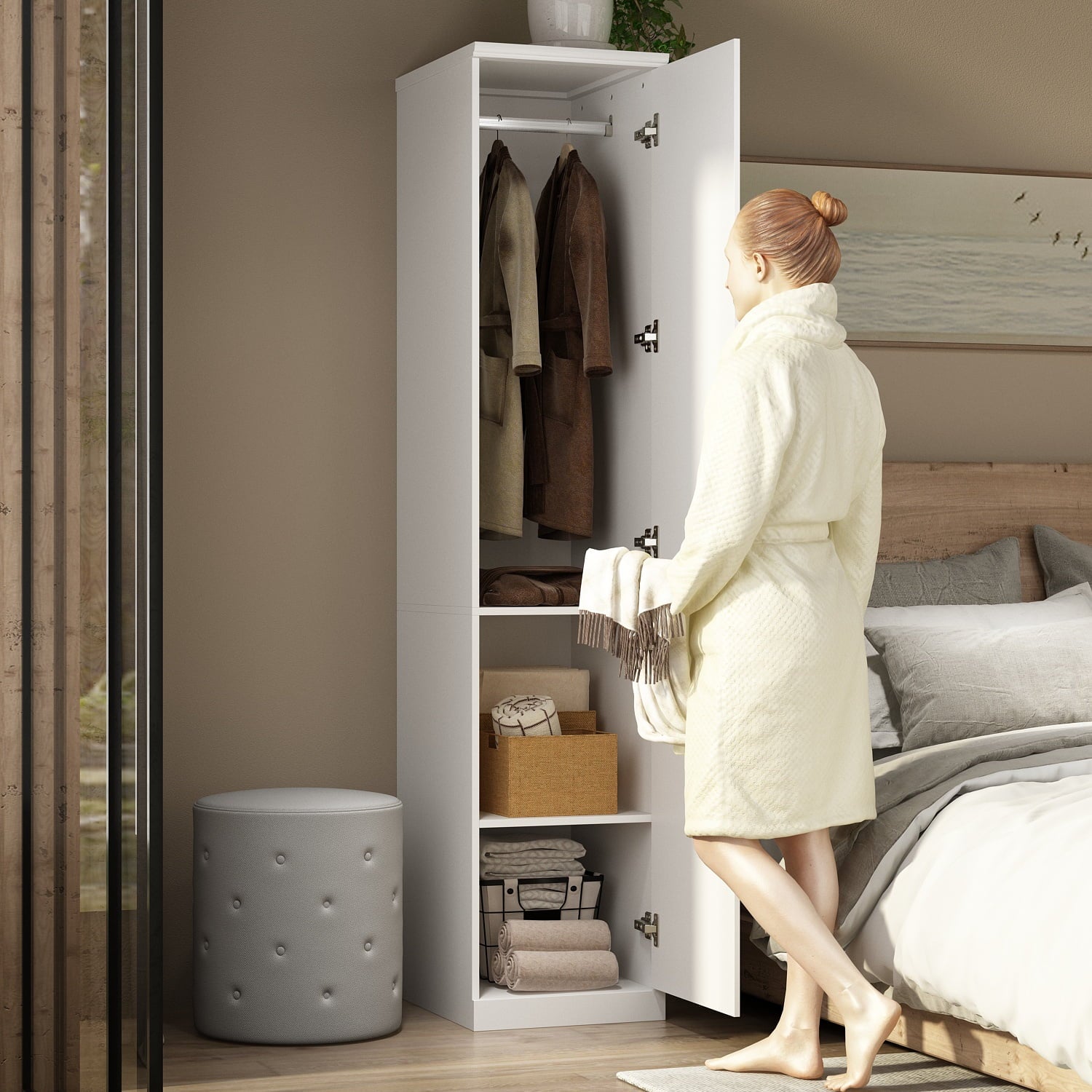 OxyLife 2 Door Wardrobe Armoire, White Closet Storage Organizer with Drawers and Shelves