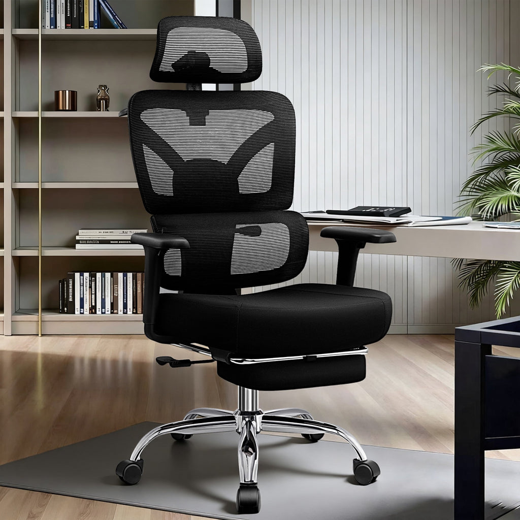 COOLHUT Ergonomic Mesh Office Chair with Footrest, Big and Tall Computer Desk Chair with Adjustable Lumbar Support, Headrest and Armrest, High Back Home Office Chair for Workspace, 300LBS, Black