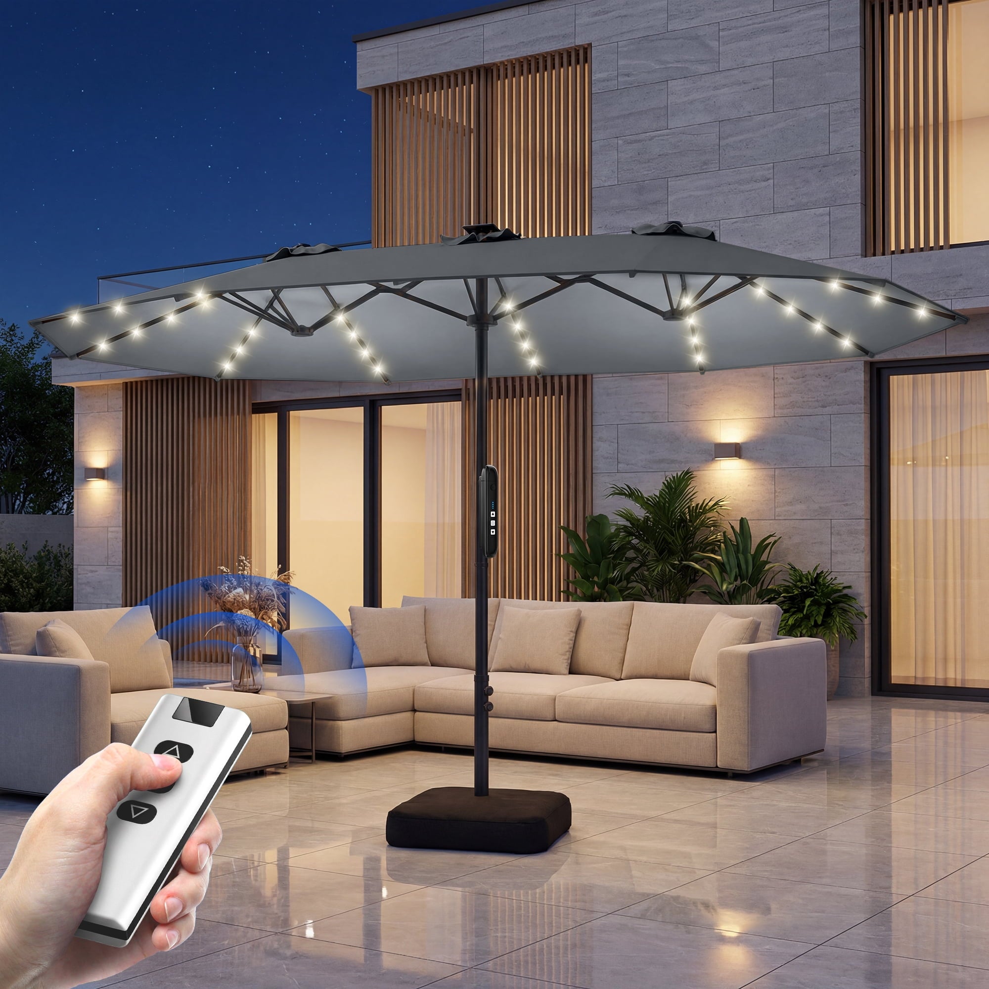 15ft Smart Electric Patio Umbrella, Large Double Sided Rectangular Outdoor Patio Umbrella with Light and Base for Lawn, Garden, Backyard,Beige