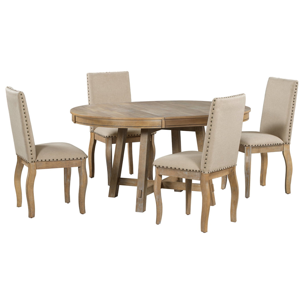 Harper & Bright Designs Extendable Dining Table Set for 4 Upholstered Chairs Functional Retro Style Table for Dining Room Kitchen, Natural Wood Wash