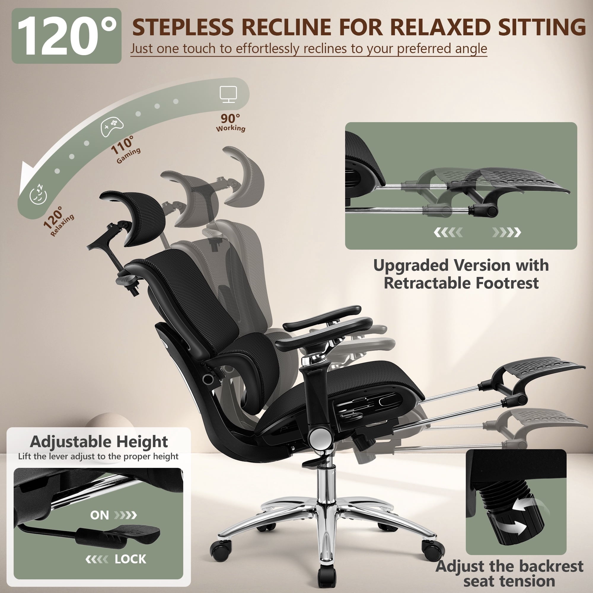 COOLHUT Ergonomic Mesh Office Chair with Footrest, Big and Tall Computer Desk Chair with Adjustable Lumbar Support, Headrest and Armrest, High Back Home Office Chair for Workspace, 300LBS, Black