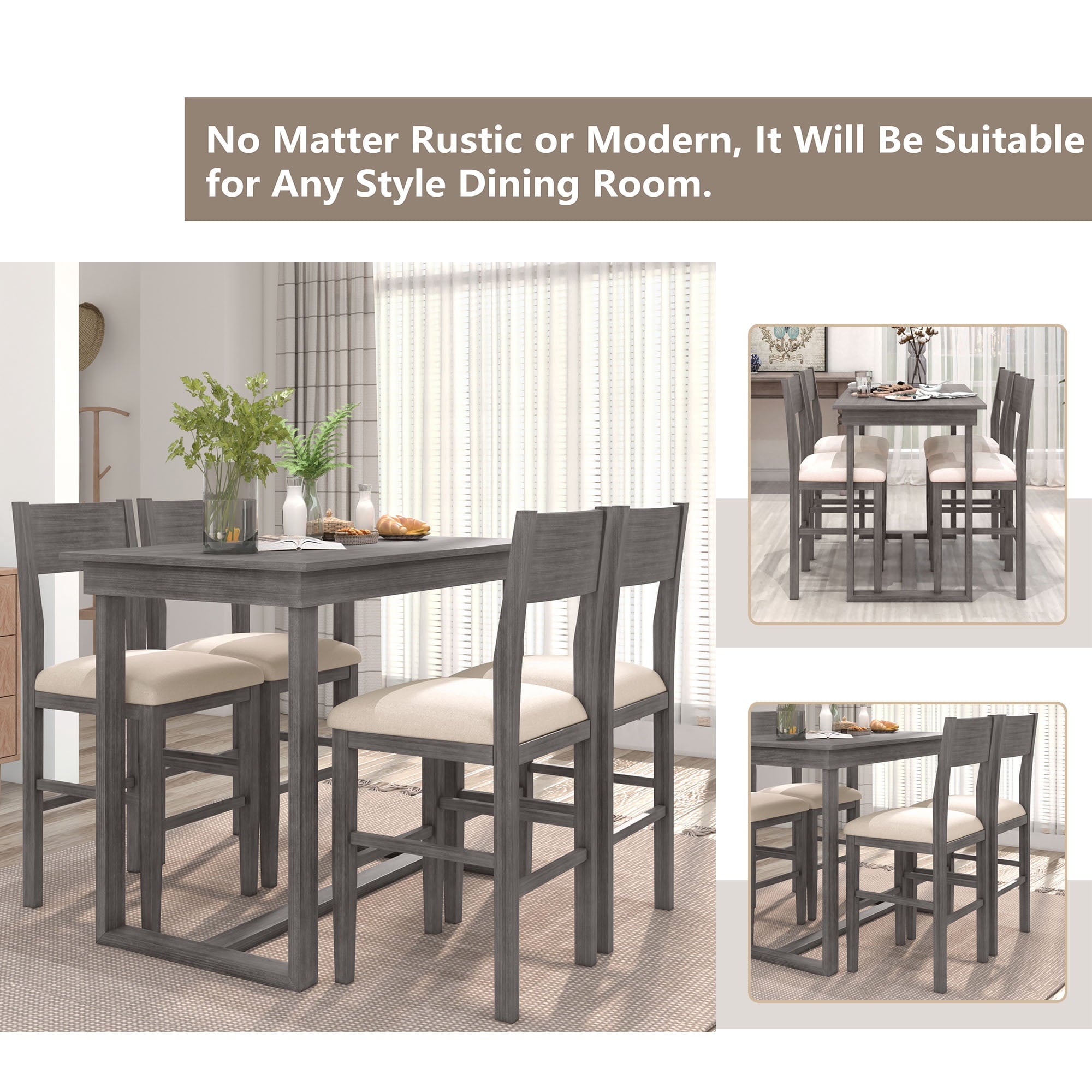 Harper & Bright Designs 5 Piece Dining Table Set Counter Height Dining Set with Classic Elegant Rectangel Table and 4 Padded Chairs for Kitchen Dining Room, Black and Beige