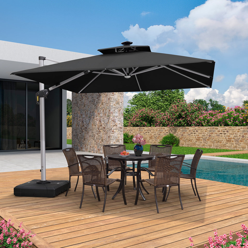 PURPLE LEAF 9 x 12FT Deluxe Rectangle Solar Powered LED Patio Umbrella with Base, Large Offset Cantilever Umbrella with 360° Rotation, Navy Blue