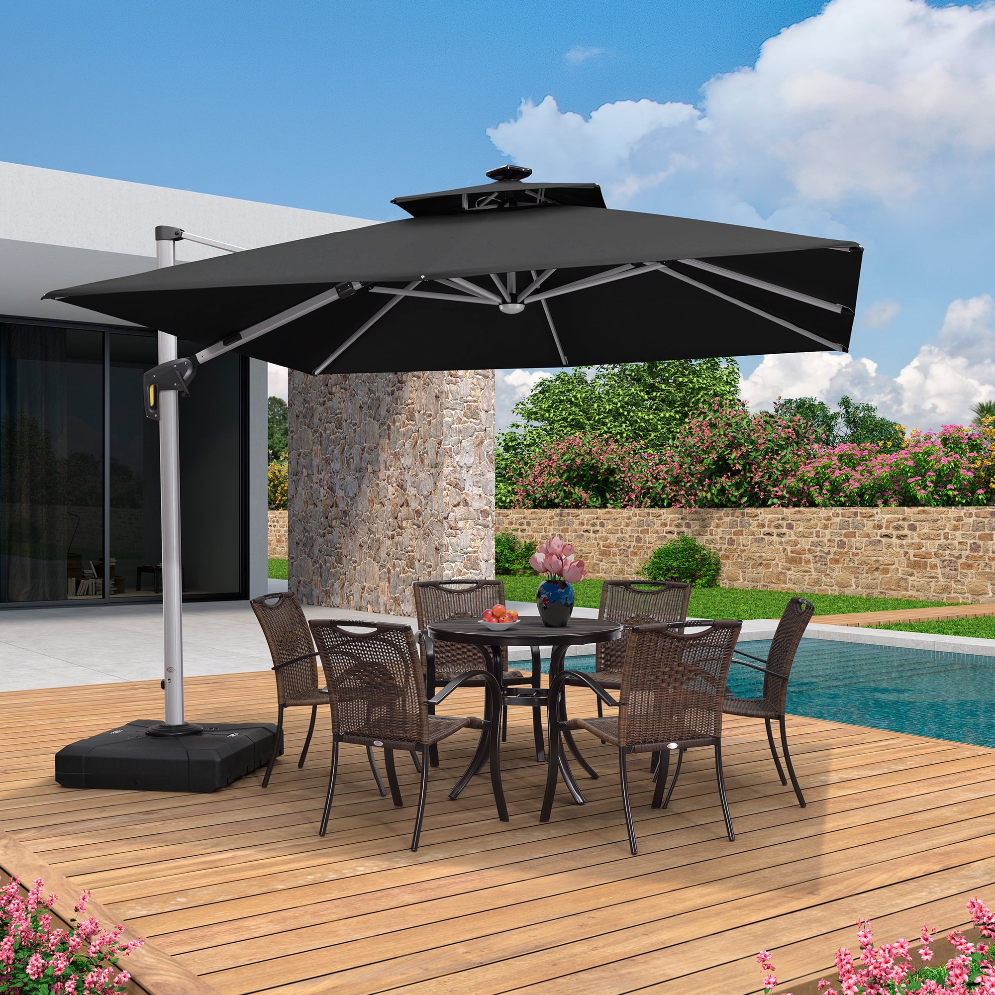 PURPLE LEAF 9 x 12FT Deluxe Rectangle Solar Powered LED Patio Umbrella with Base, Large Offset Cantilever Umbrella with 360° Rotation, Navy Blue