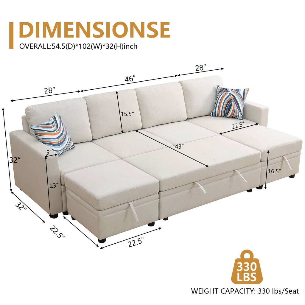 AENKYO 102 U-Shaped Sectional Sofa Bed, Linen Pull Out Sleeper Couch with Storage Seats for Living Room，White