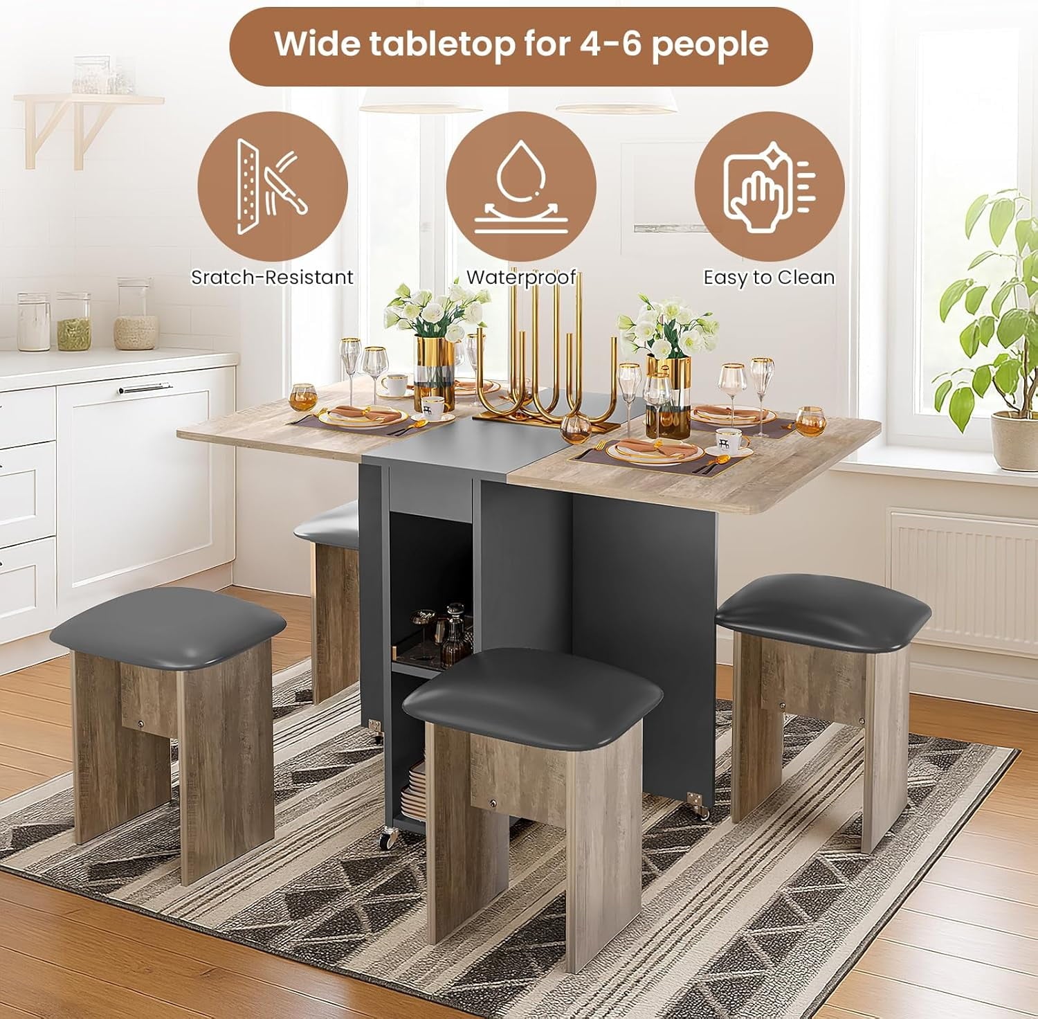 MIERES Folding Dining Table Set for 4, Dinner Table with 4 Leather Chairs and Shelves, Space Saving Foldable Dining Table with 6 Wheels, Kitchen Table for Small Spaces (Grey)