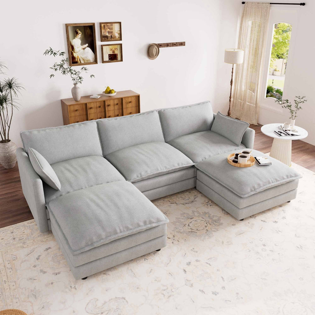 Muumblus Sectional Sofa Cloud Couch with Reversible Ottoman, L-Shaped Chenille Sofa for Living Rooms, Beige