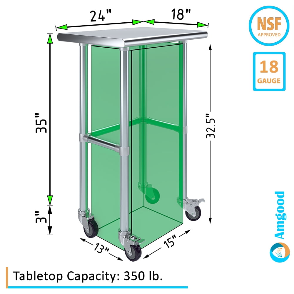 AmGood 36 Long x 30 Deep Stainless-Steel Work Table with Open Base and Wheels, Mobile Metal Table