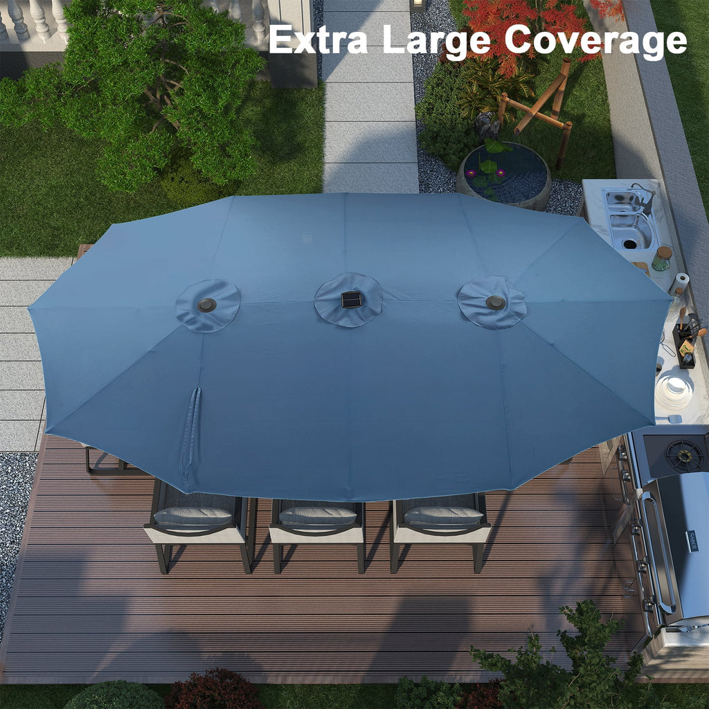 Ainfox 15ft Large Patio Umbrella with Solar Lights, Double-Sided Outdoor Rectangle Table Umbrellas with Sand Bag Base，Beige