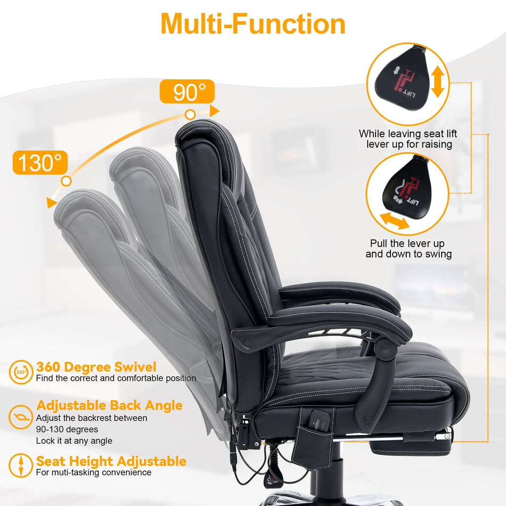 HOMREST Ergonomic Office Chair with 6-Point Massage & Heating, Adjustable Executive Desk Chair with Retractable Footrest, PU Leather Home Office Desk Chair for Home & Office (Black)