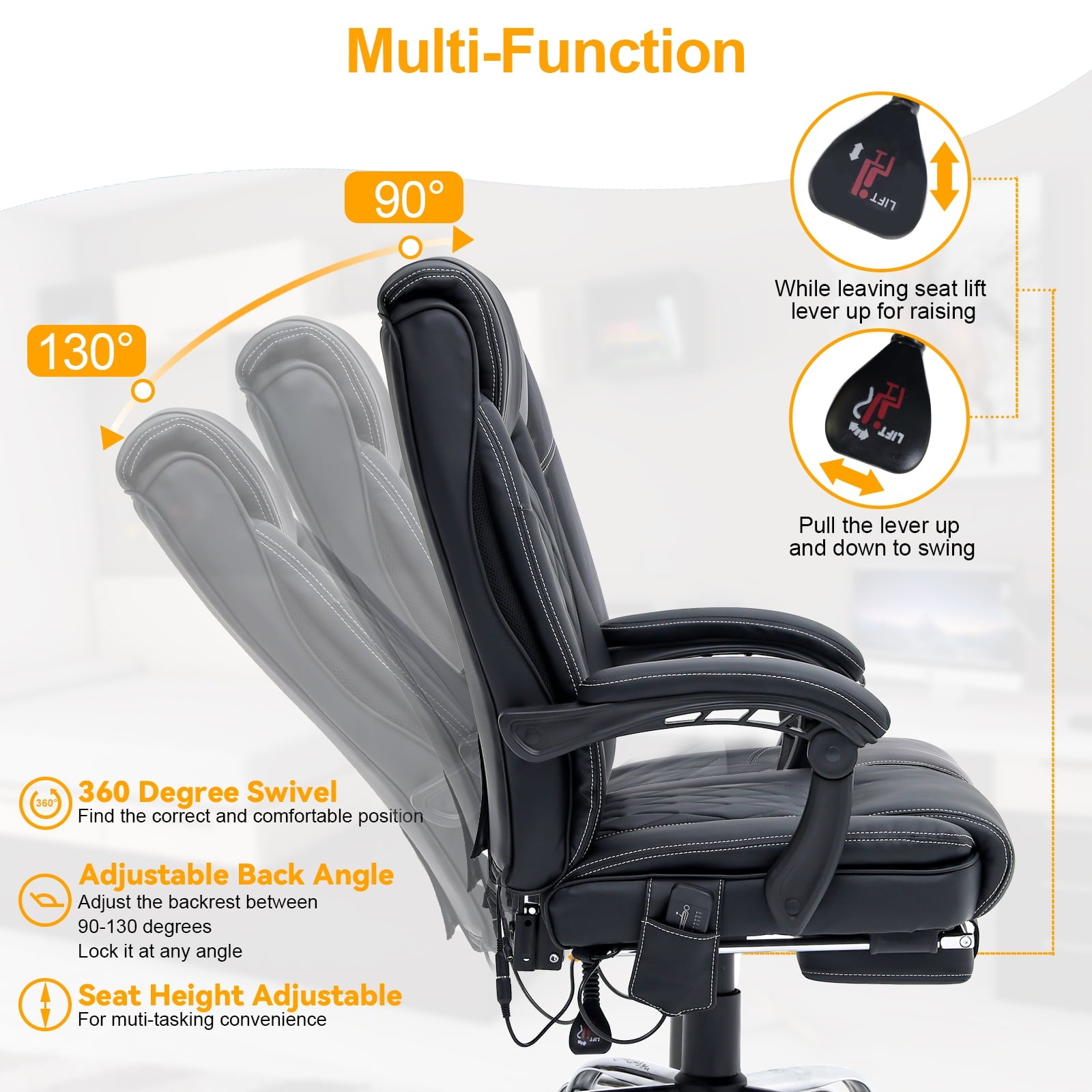 HOMREST Ergonomic Office Chair with 6-Point Massage & Heating, Adjustable Executive Desk Chair with Retractable Footrest, PU Leather Home Office Desk Chair for Home & Office (Black)