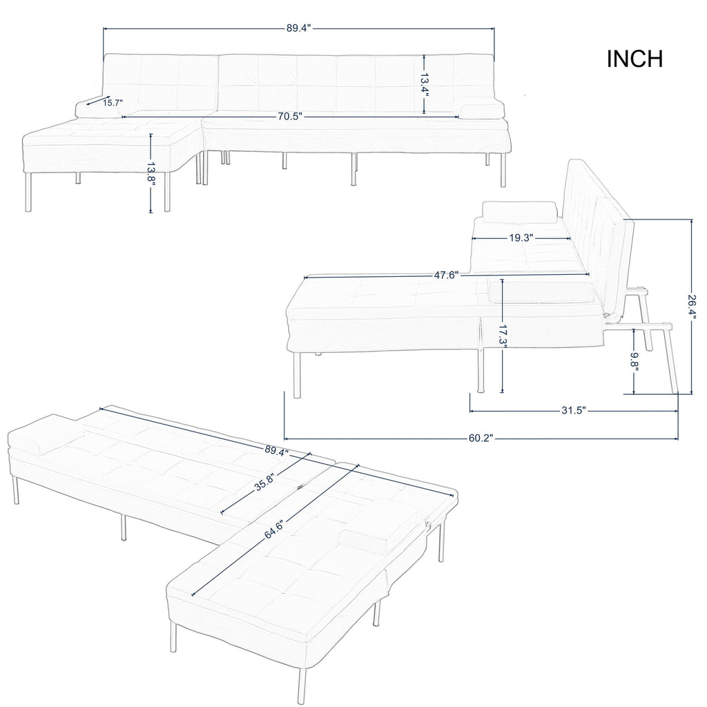 Gewnee 89.4”Convertible Sectional Sofa,L-Shaped Couch with Reversible Chaise,5-Position Adjustable Backrest,Modern Futon Sleeper for Small Spaces Living Room Apartment Office,Black Iron Frame