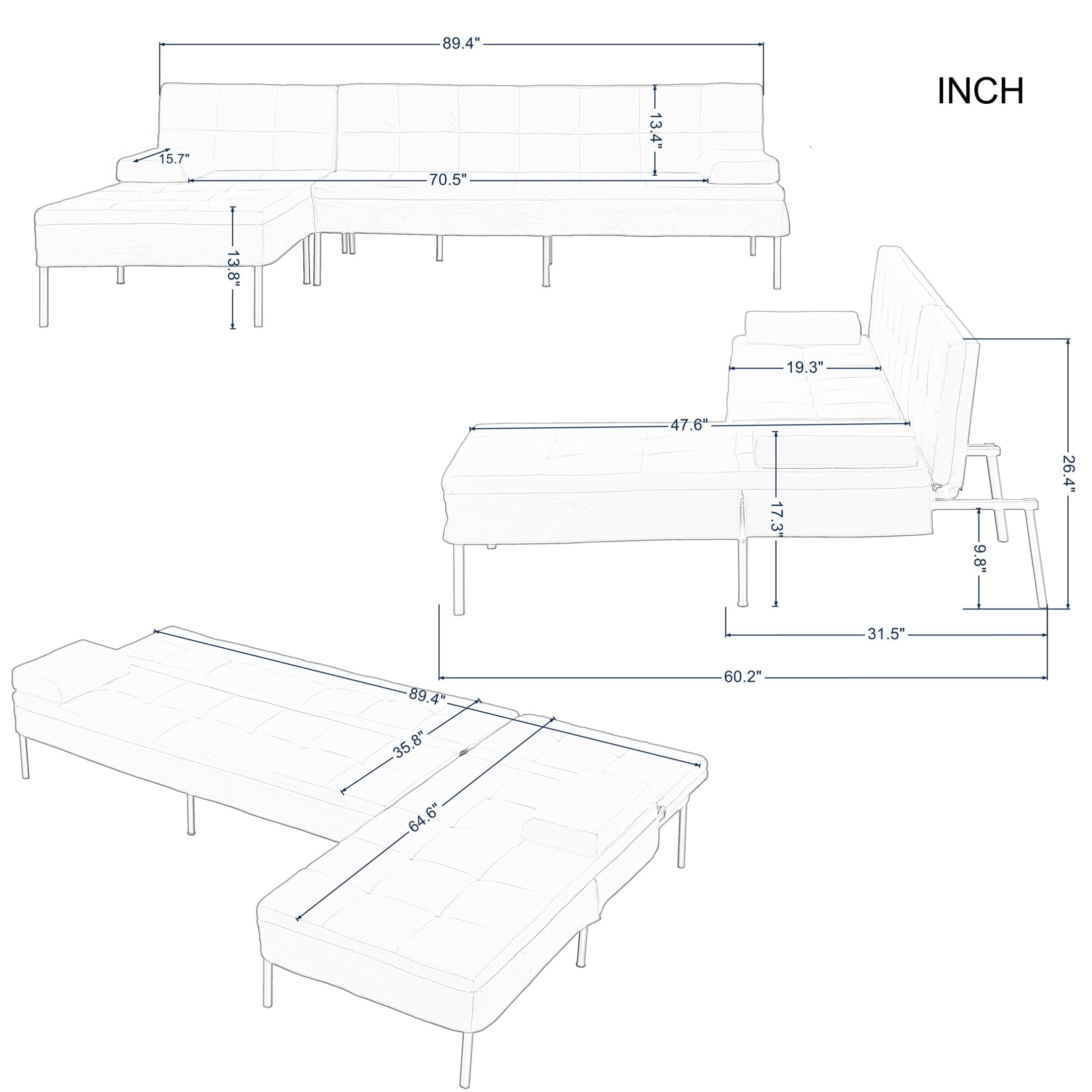 Gewnee 89.4”Convertible Sectional Sofa,L-Shaped Couch with Reversible Chaise,5-Position Adjustable Backrest,Modern Futon Sleeper for Small Spaces Living Room Apartment Office,Black Iron Frame
