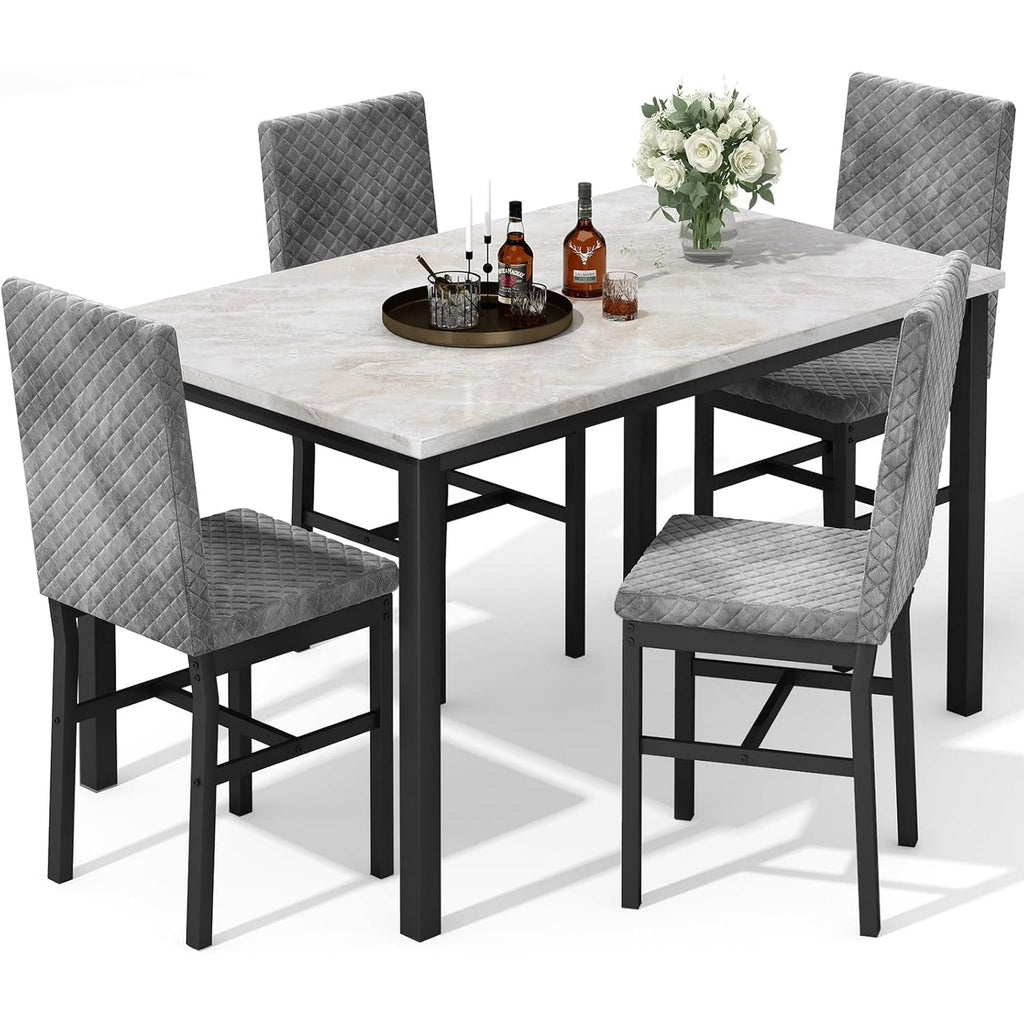 Baxluxe Dining Table Set for 4, Modern 5 Piece Dining Table Set, Faux Marble Kitchen Table and 4 Velvet Upholstered Chairs for Apartments, Dining Rooms, Small Spaces, Gray