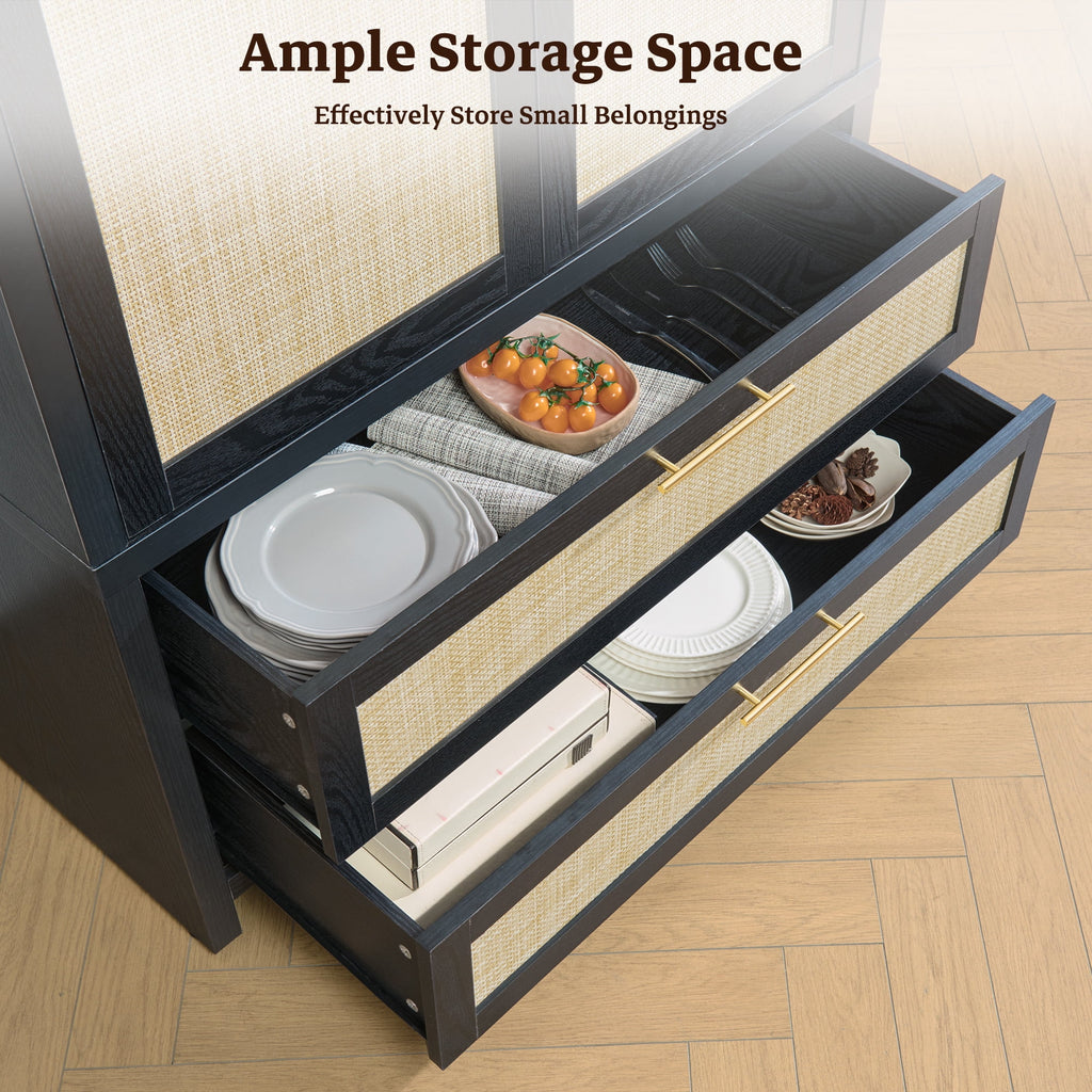 SICOTAS 40W Oversized Boho Armoire Wardrobe Closet with 2 Large Drawers, 71 Tall Rattan Clothing Storage Cabinet with Shelves & Hanging Rod, Farmhouse Freestanding Wardrobe Cabinet for Bedroom, Oak