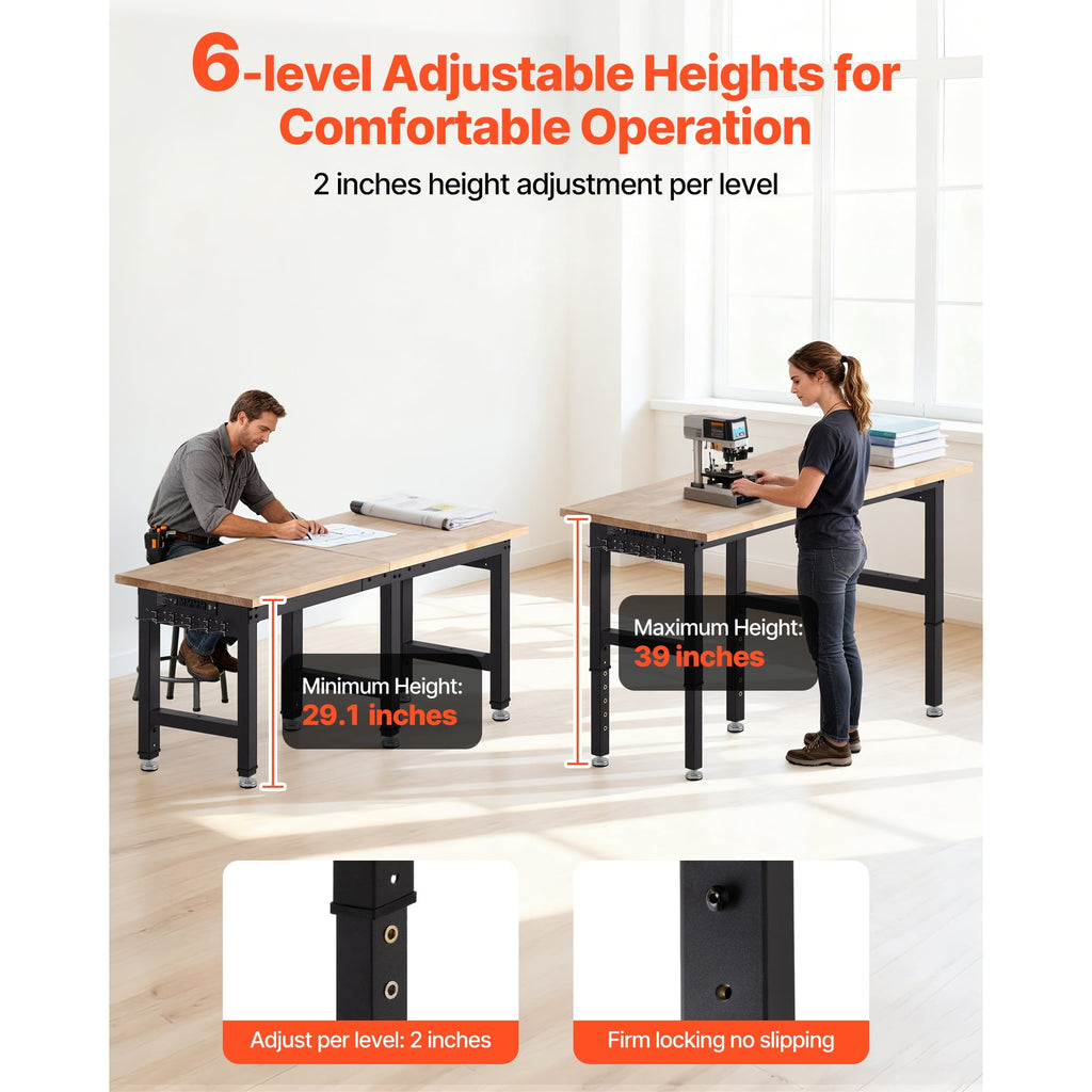 KFFKFF Adjustable Workbench with 5000 lbs Capacity, 72 x 24 Inch Oak Wood Top, Workstation Featuring 4 AC Outlets & 2 USB Ports, Durable Hardwood Table for Garage, Workshop, Home, Office