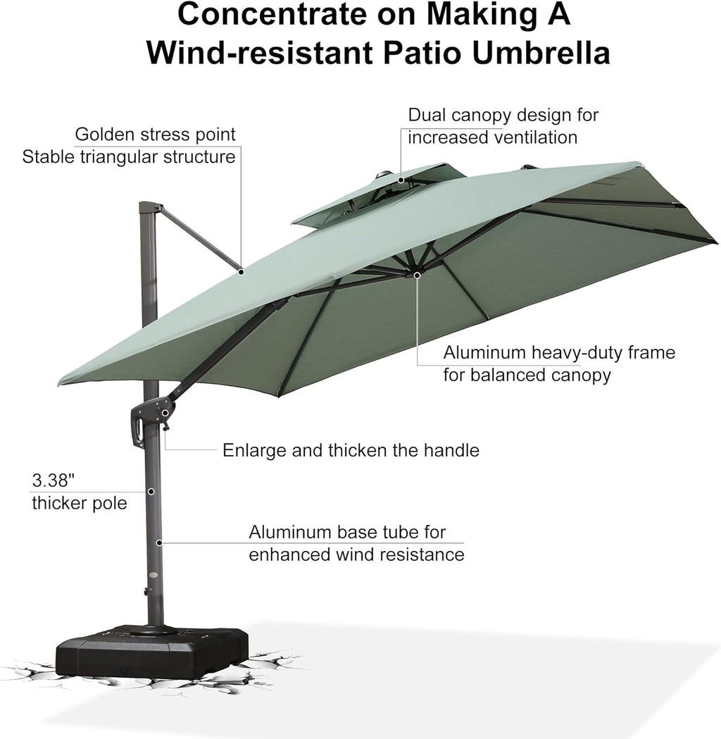 PURPLE LEAF Cantilever Umbrellas 12FT Square Large Patio Umbrella Offset Umbrella with 360°Rotation Tilting And Hanging Double Top, Grey