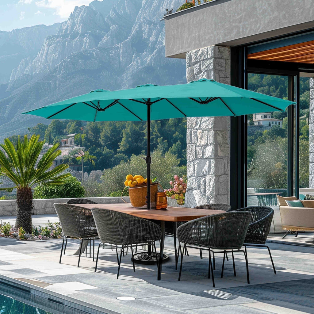 SUMMIT LIVING 15 ft Large Patio Umbrella with Base (Included) Double-Sided Rectangular Outdoor Deck Umbrella for Outside - Beige