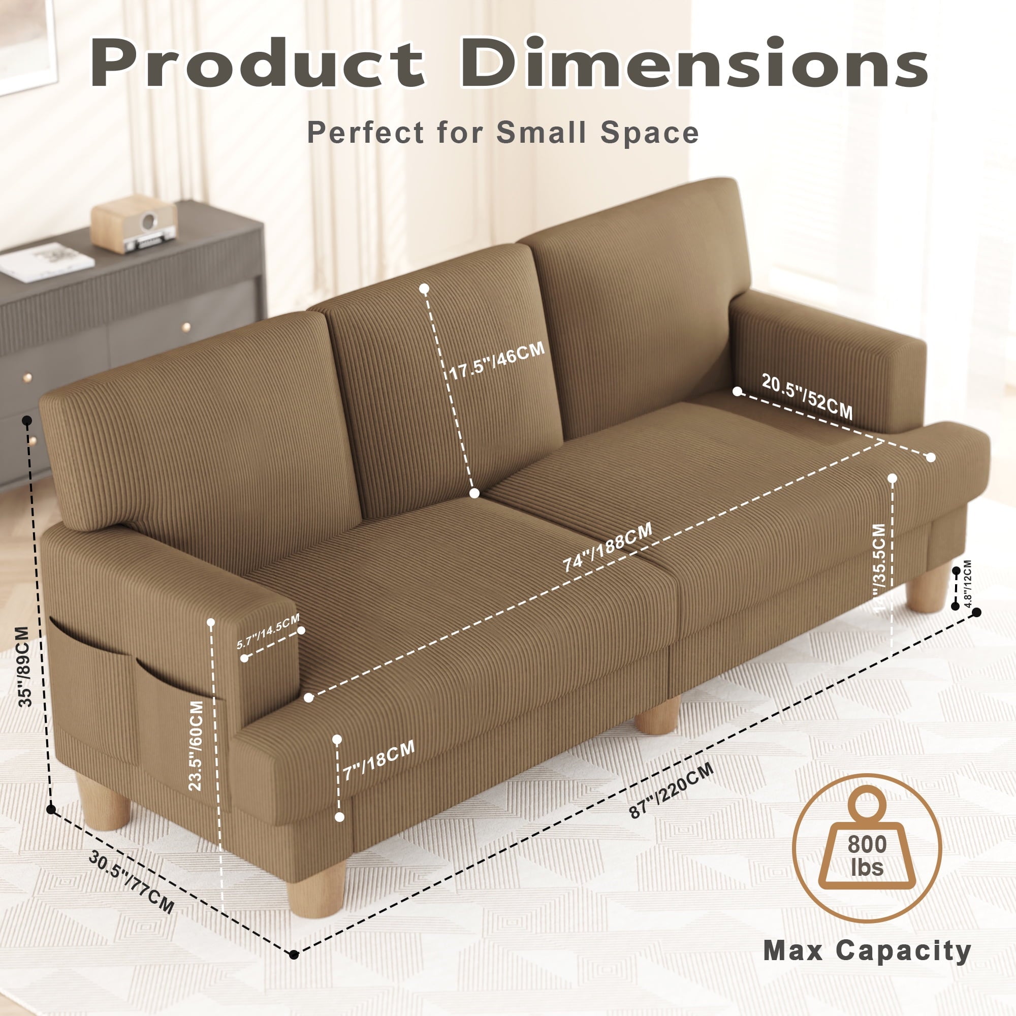 AAQZ 87 Corduroy Sofa Couch for Living Room, 3 Seater Deep Seat Comfy Couch in a Box, 2 Cushions, 2 Pillows Tool-Free Setup,Gray