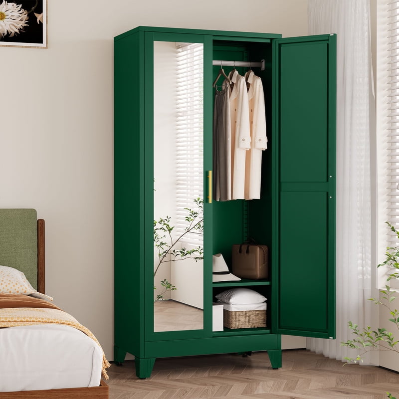 Ero Metal Freestanding Armoire Wardrobe Closet with Hanging Rod and Mirror