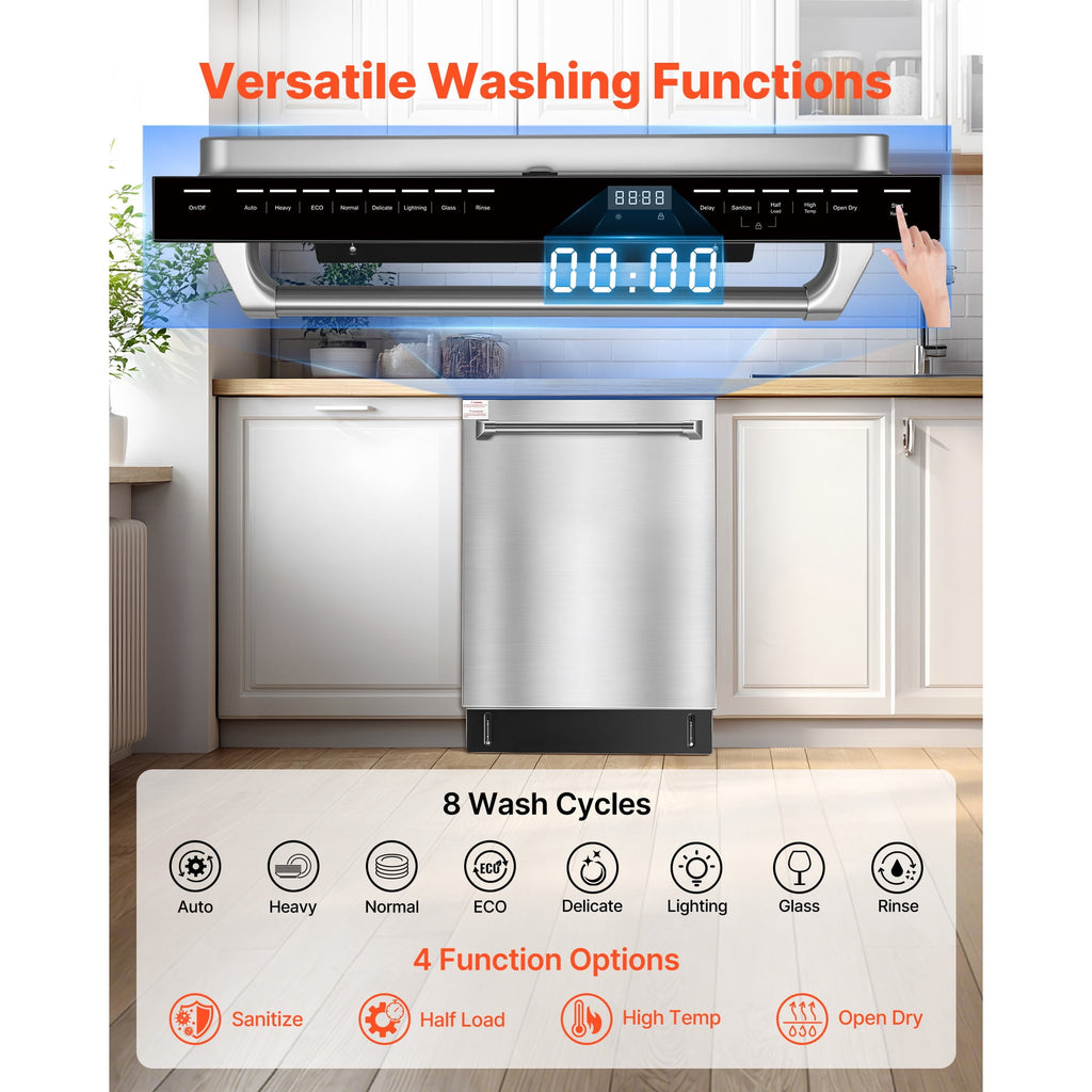 KFFKFF 24-Inch Built-In Dishwasher with Stainless Steel Interior, 14 Place Settings, 8 Wash Cycles, Quiet Operation, Adjustable Racks, and Zoned Storage, Dimensions: 23.82 x 25.2 x 33.78 Inches