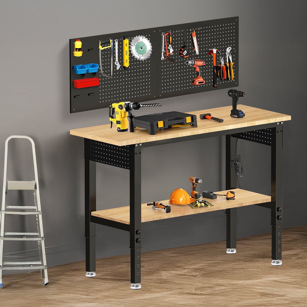 60 inch Workbench for Garage, Heavy-Duty 2 Tier Wood Work Bench with Storage Pegboards, Hooks, Power Outlets, Rubber Wood Tabletop 2000 LBS Load Bearing Workstation Garage Desk Work Table