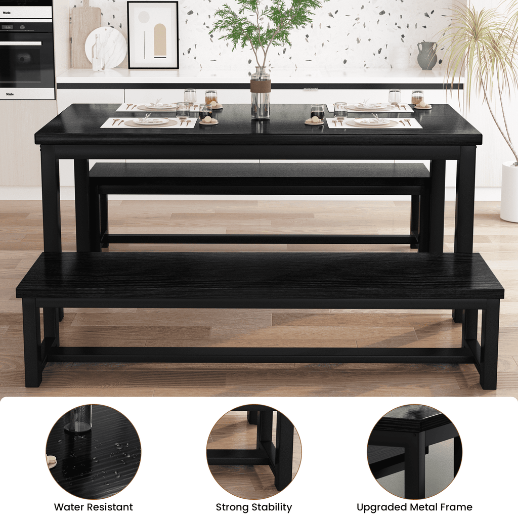 MIERES Kitchen Dining Set: Rectangular solid wood dining table with two benches, suitable for 2 to 4 people, small dining set, black