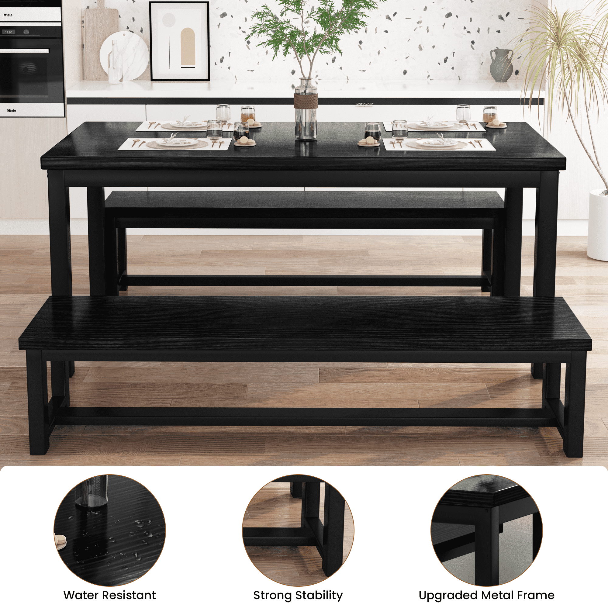 MIERES Kitchen Dining Set: Rectangular solid wood dining table with two benches, suitable for 2 to 4 people, small dining set, black