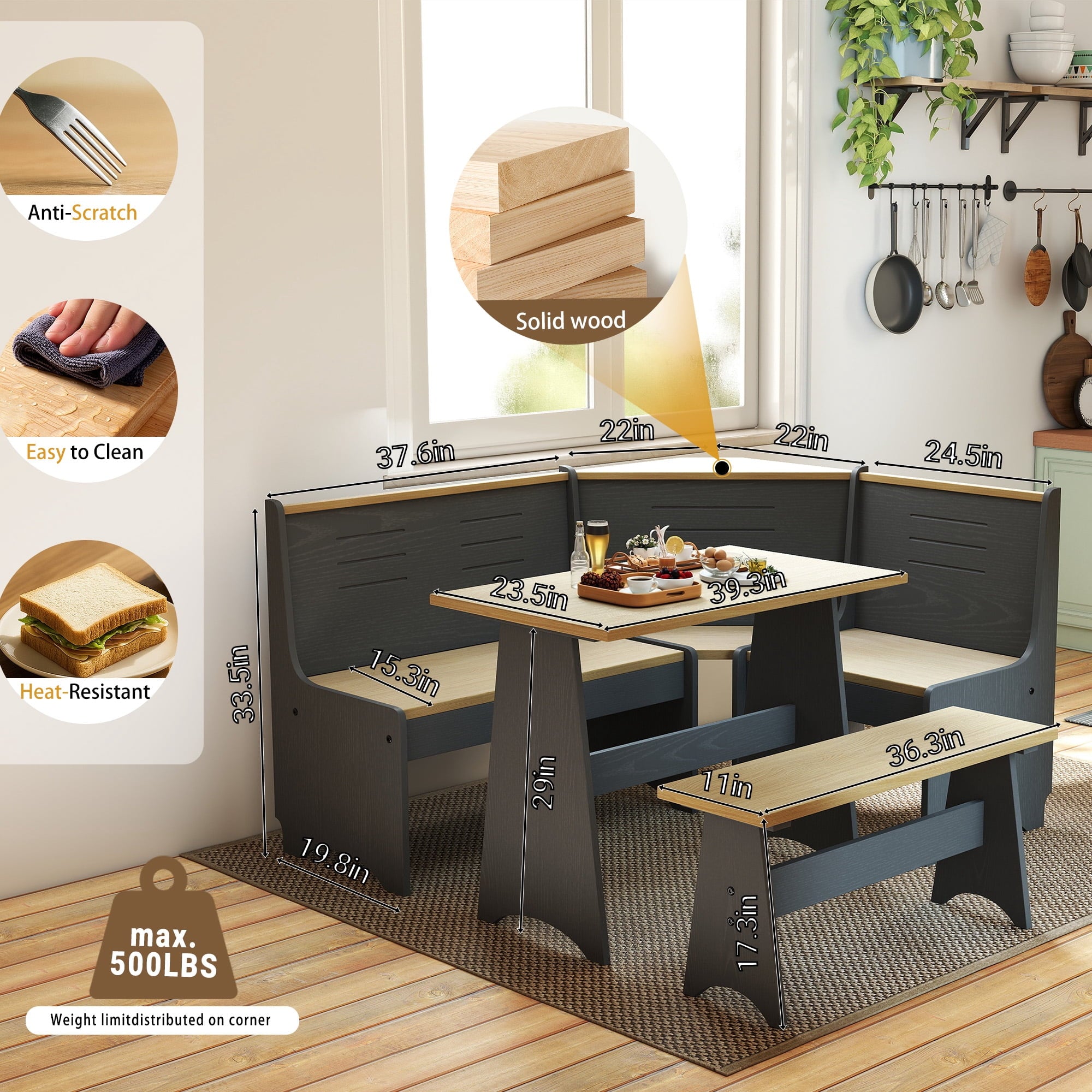 Breakfast Nook Kitchen Corner Dining Table Bench Chair Set, Space-Saving 3-4 Seat L-Shape Farmhouse Mid Century Modern Style for Family Home Black Wood