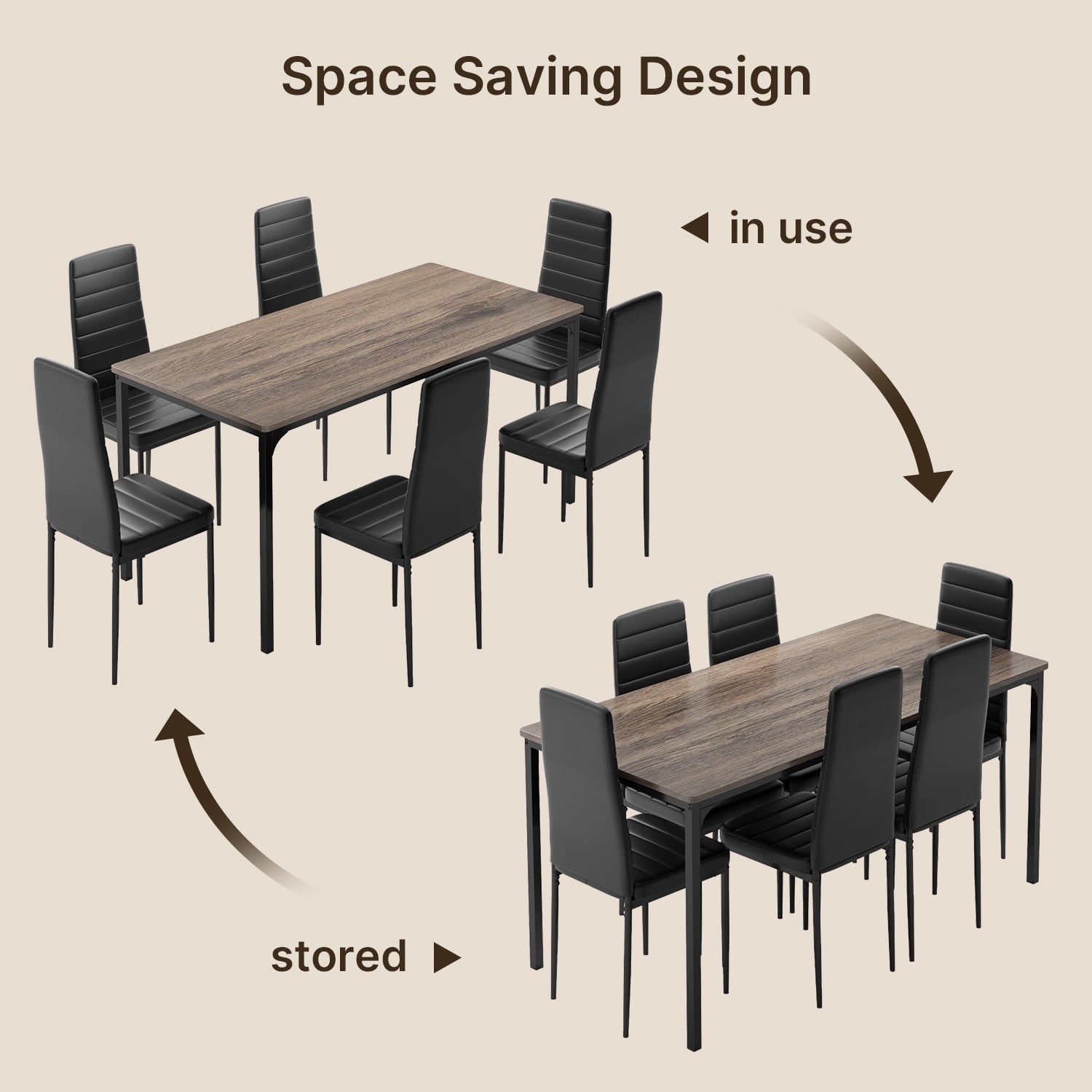 7 Piece Dining Table Set for 6, Kitchen Dining Room Furniture with 6 PU Leather Upholstered Chairs, Suitable for Apartment Small Space, Black