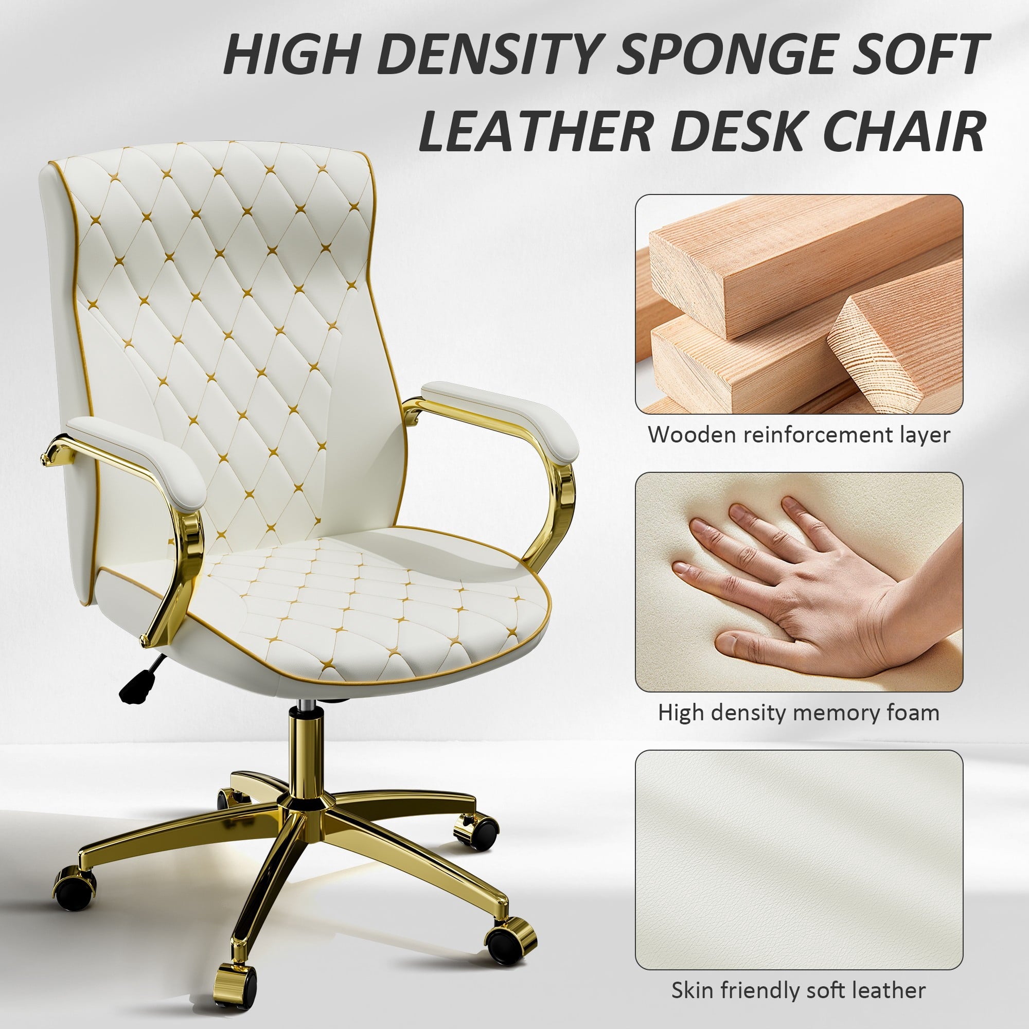 HomeZeer White and Gold Office Chair, Ergonomic High Back Executive Desk Chair with Wheels and Arms, Modern PU Leather Computer Chair with Rocking Function, White(Set of 2)
