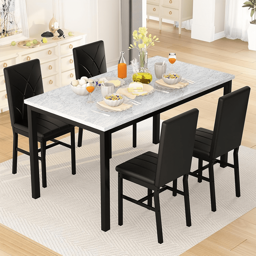 LinkRomat 5-Piece Faux Marble Dining Table Set for 4, Modern Kitchen Table with Chairs, Dinette Dining Room Furniture Set for Compact Space Saving