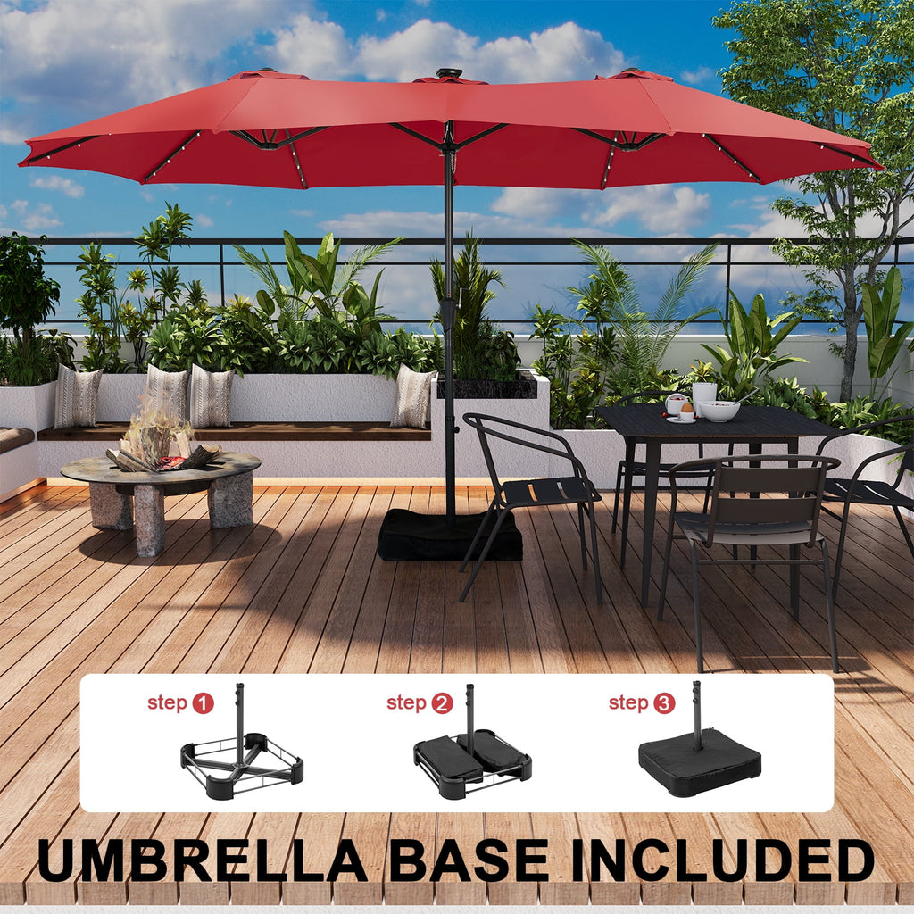Ainfox 15ft Large Patio Umbrella with Solar Lights, Double-Sided Outdoor Rectangle Table Umbrellas with Sand Bag Base，Beige