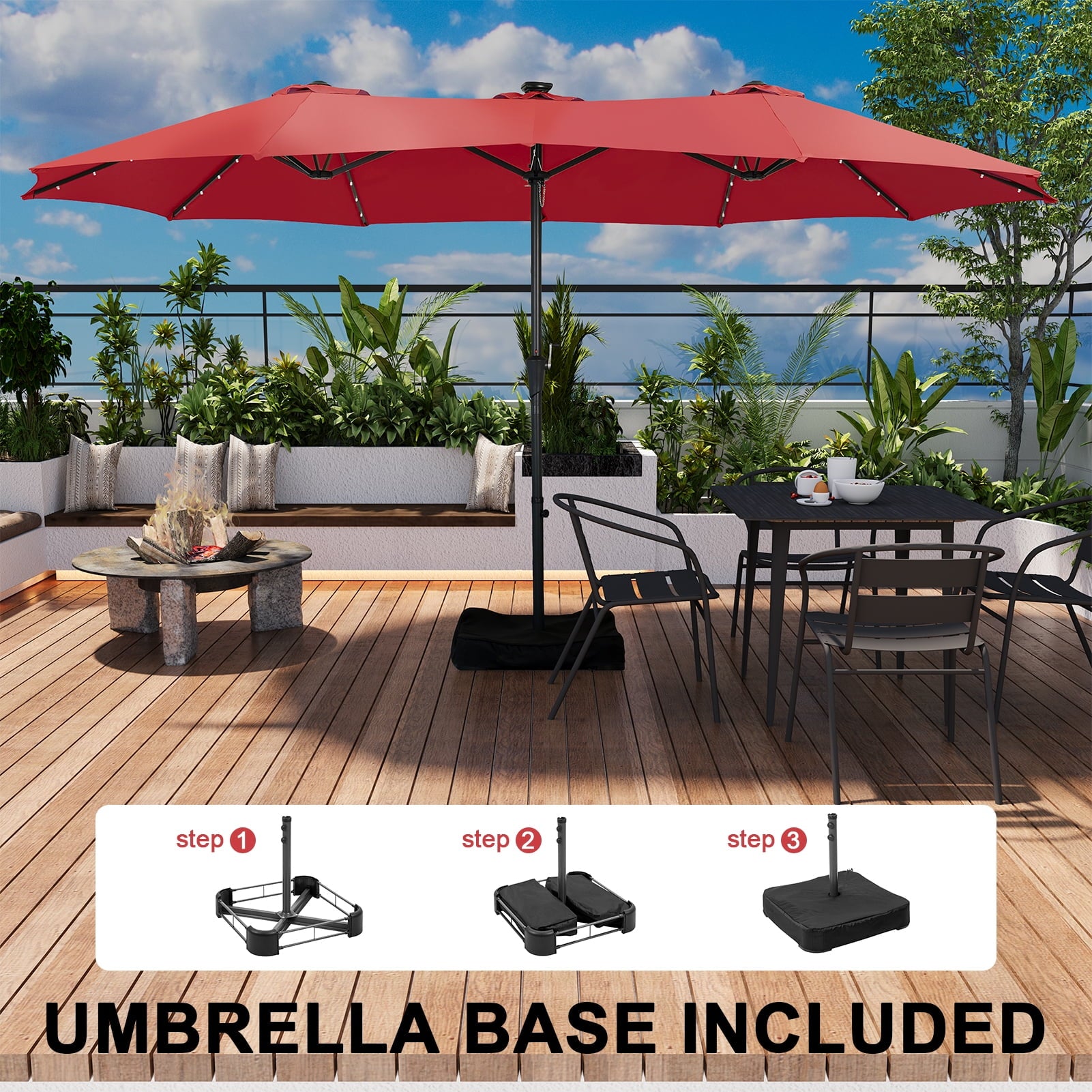 Ainfox 15ft Large Patio Umbrella with Solar Lights, Double-Sided Outdoor Rectangle Table Umbrellas with Sand Bag Base，Beige