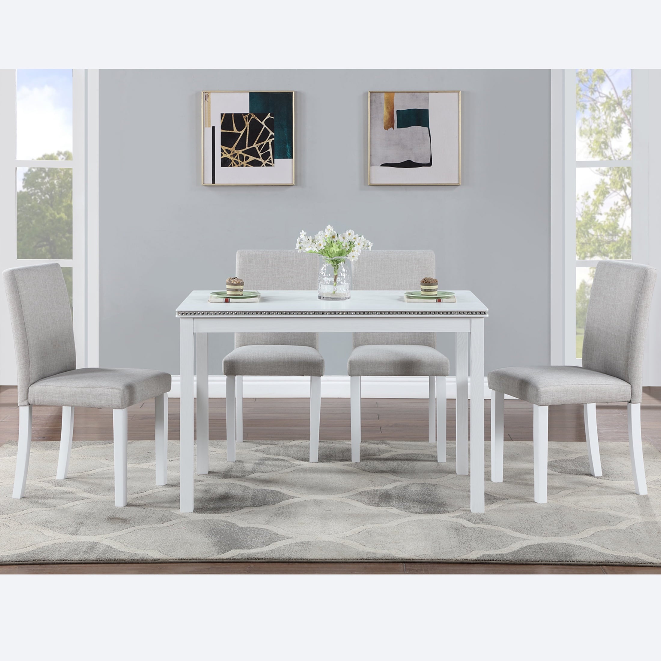 UHOMEPRO 5 Piece Dining Table Set, Modern Dining Table Sets with Rectangular Table and 4 Fabric Upholstered Chairs, Dining Set for Kitchen and Dining Room, White