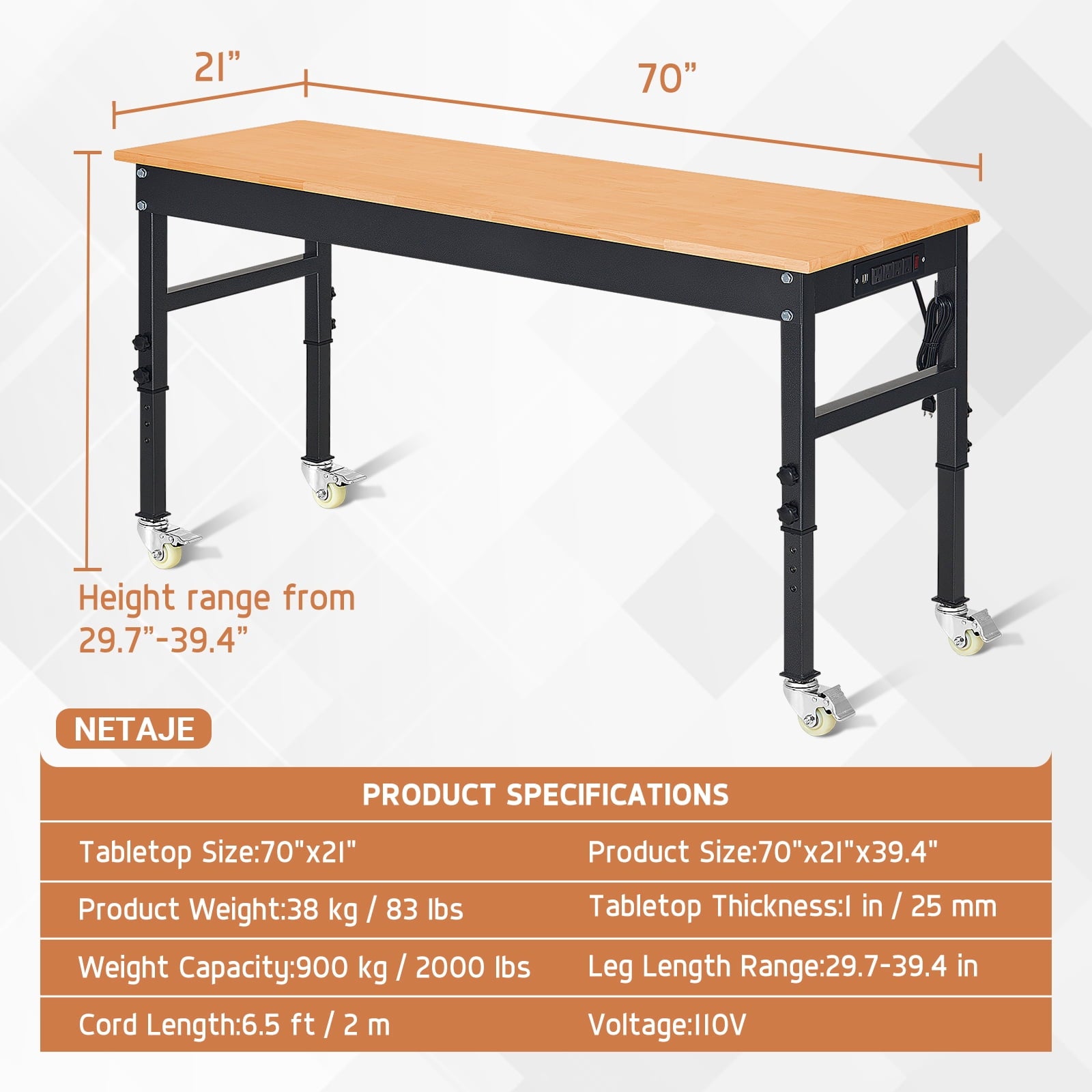 NETAJE 60 Heavy-Duty Work Bench Adjustable Workbench Work Table 2000 lb Load Capacity w/ Power Outlets for Garage, Workshop, Workstation