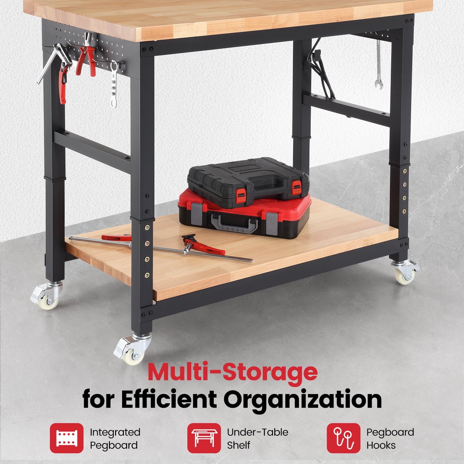 Workbench for Garage,ENJOYWOOD Heavy Duty 48 inch 2 Tier Wood Work Bench with Rolling Wheels and Power Outlets,Rubber Wood Tabletop,2000 LBS Load Bearing Workstation Garage Desk Table Worktable