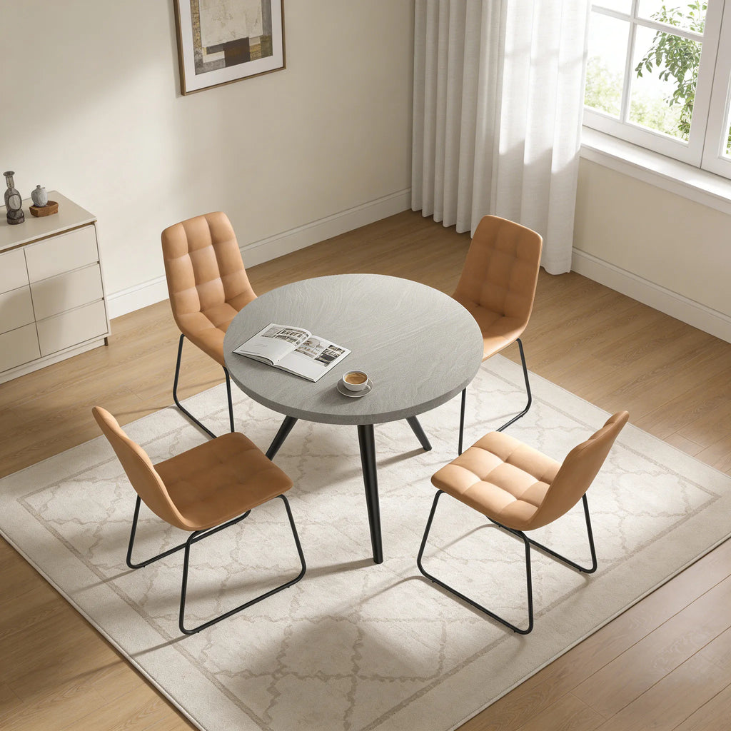 34.8 Round Dining Table Set for 4,5 Piece Mid-Century Modern Dining Set with 4 Upholstered Dining Chairs,Leisure Coffee Table for Kitchen Dining Room, Save Space