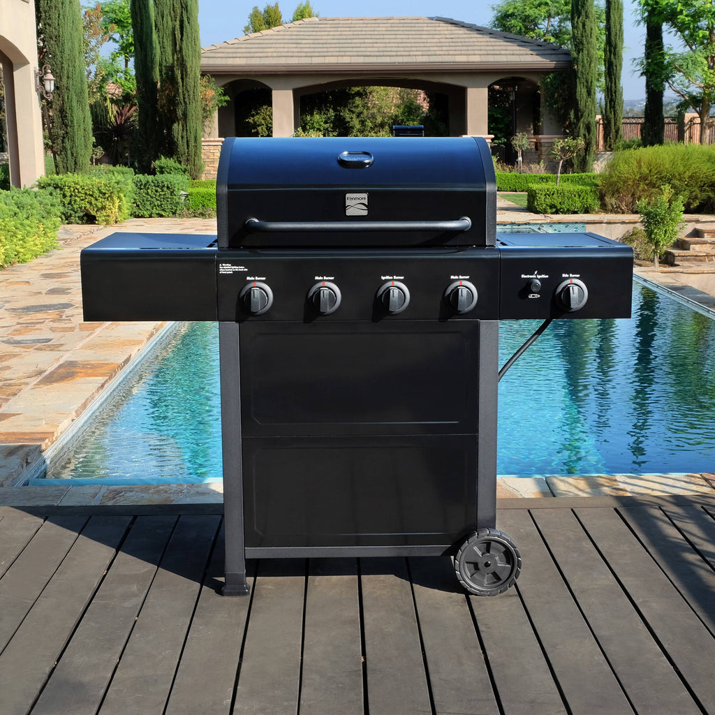 Kenmore 4-Burner Outdoor Propane Gas Grill with Side Burner, Open Cart, Stainless Steel