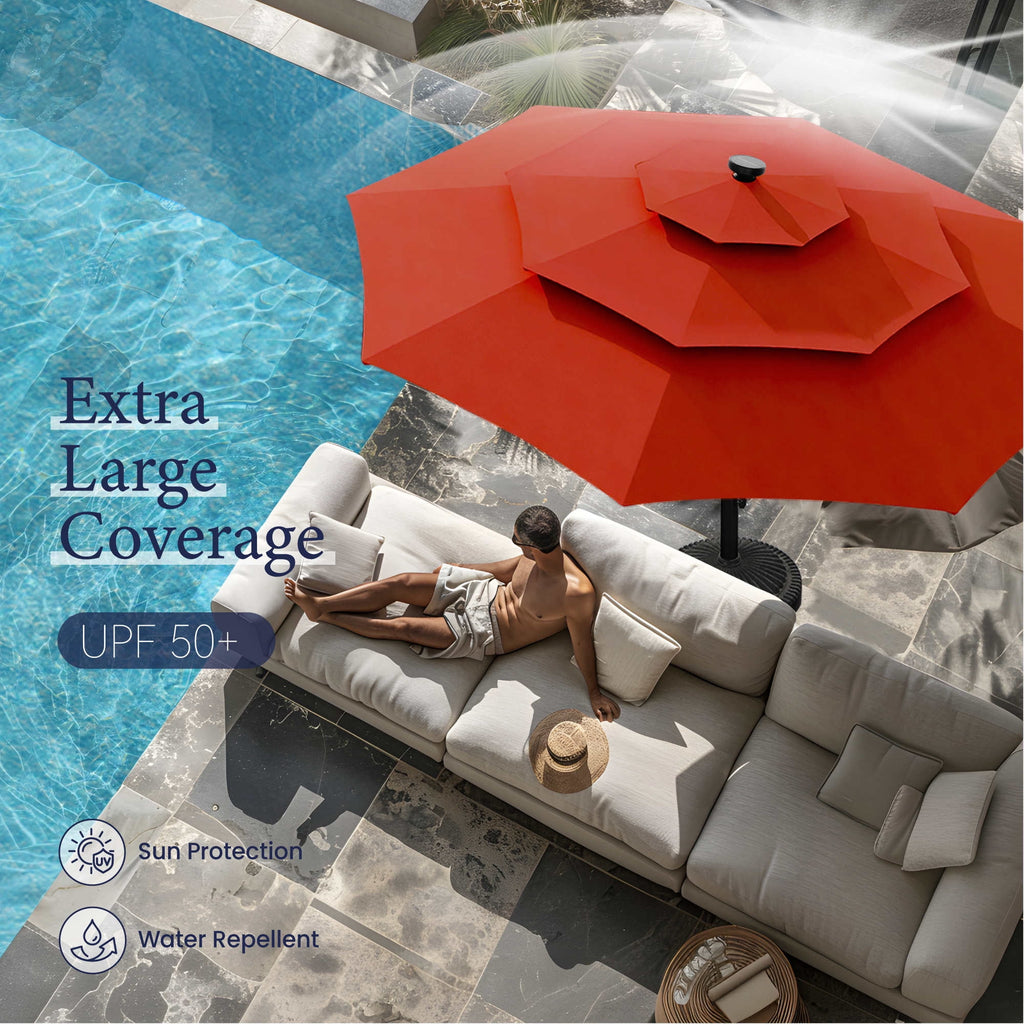 Summit Living 10ft Patio Umbrella with Solar Lights 3-Tier Vented Outdoor Market Umbrella with Auto-Tilt – Beige