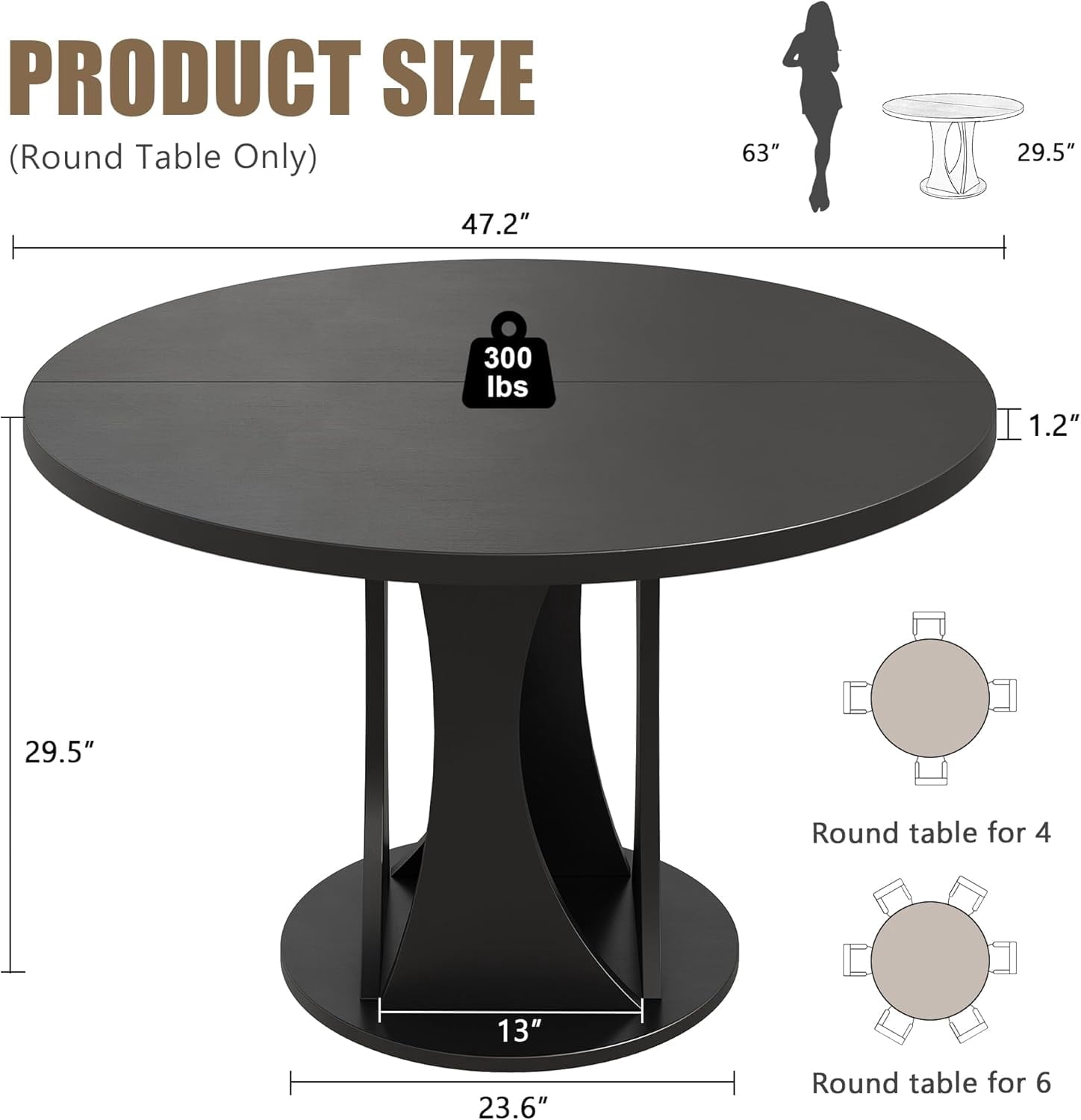 Laisnet 47 Round Dining Table for 4-6, Kitchen Table with Rounded Base for Dining Room Living Room, Black