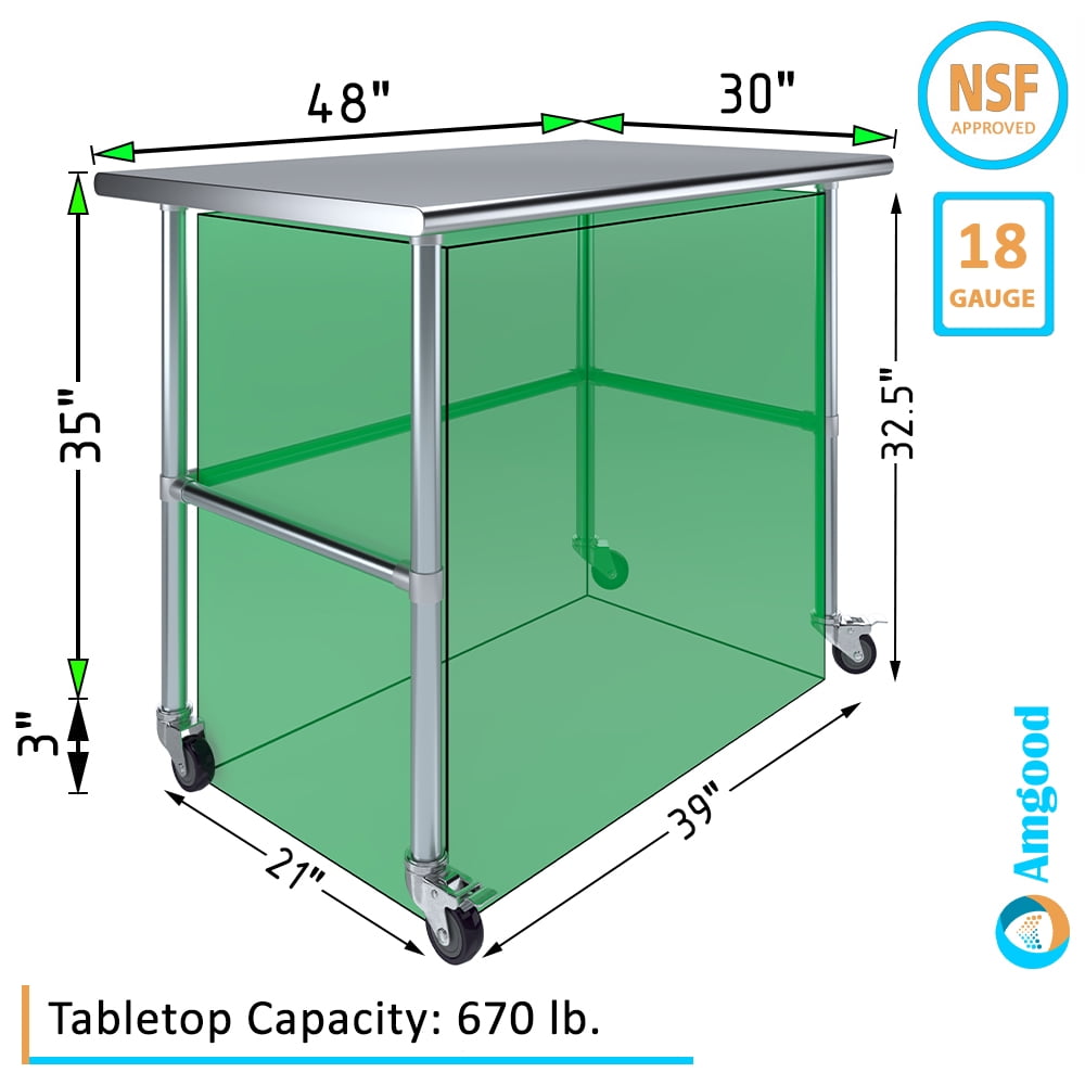 AmGood 36 Long x 30 Deep Stainless-Steel Work Table with Open Base and Wheels, Mobile Metal Table