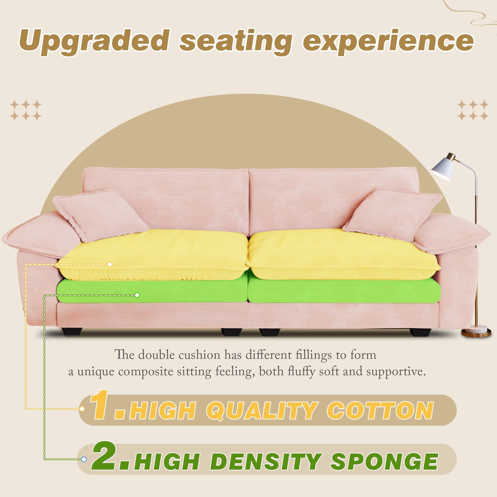 Muumblus 80.5 Corduroy Loveseat Sofa, Oversized Upholstered 2-Seater Fluffy Cloud Sleeper Couch for Living Room/Apt, Pink