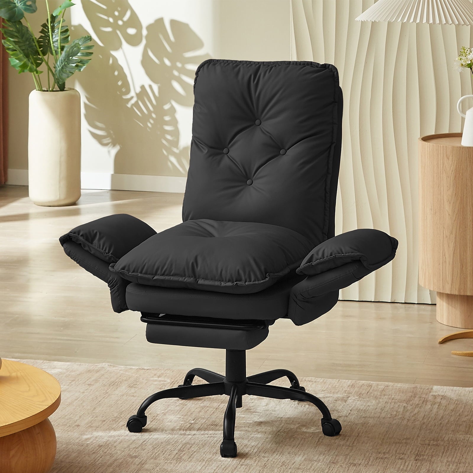 Bestier Big and Tall Executive Office Chair with Flip-up Arms for Adult, Wide Seat Ergonomic Computer Desk Chair,High Back Velvet Comfy Cross-Legged Office Chair with Footrest and Side Pockets, Black
