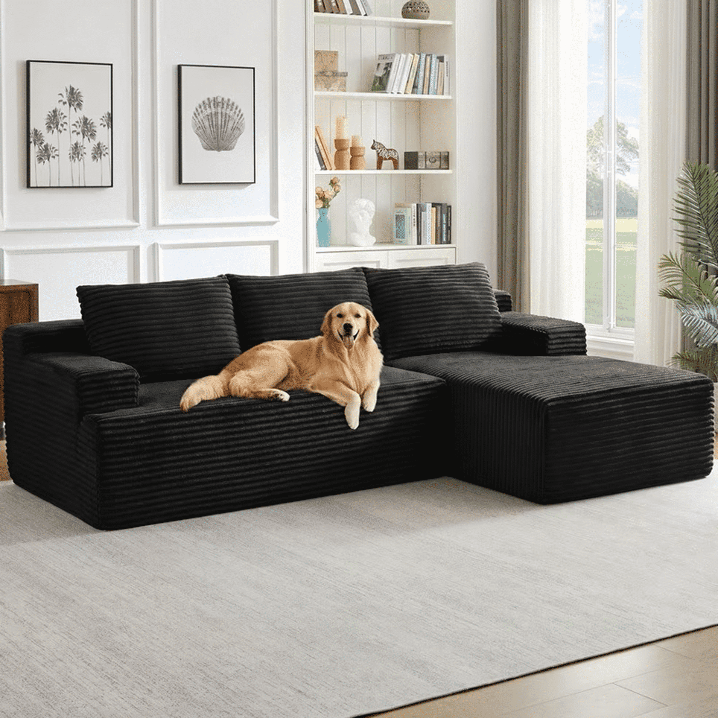 96 Boneless Cloud Couch with Chaise, Modular Sectional Sofa for Living Room, No Assembly Required, Deep Seat Corduroy Couch, Green