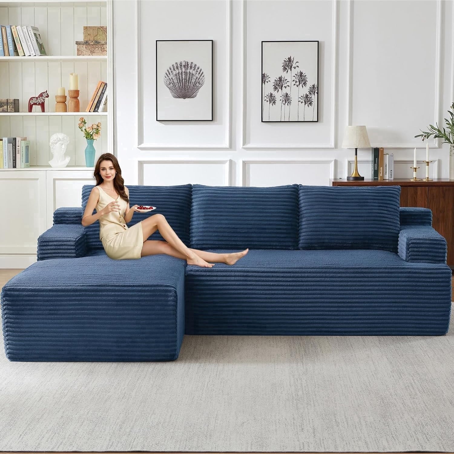 96 Boneless Cloud Couch with Chaise, Modular Sectional Sofa for Living Room, No Assembly Required, Deep Seat Corduroy Couch, Green