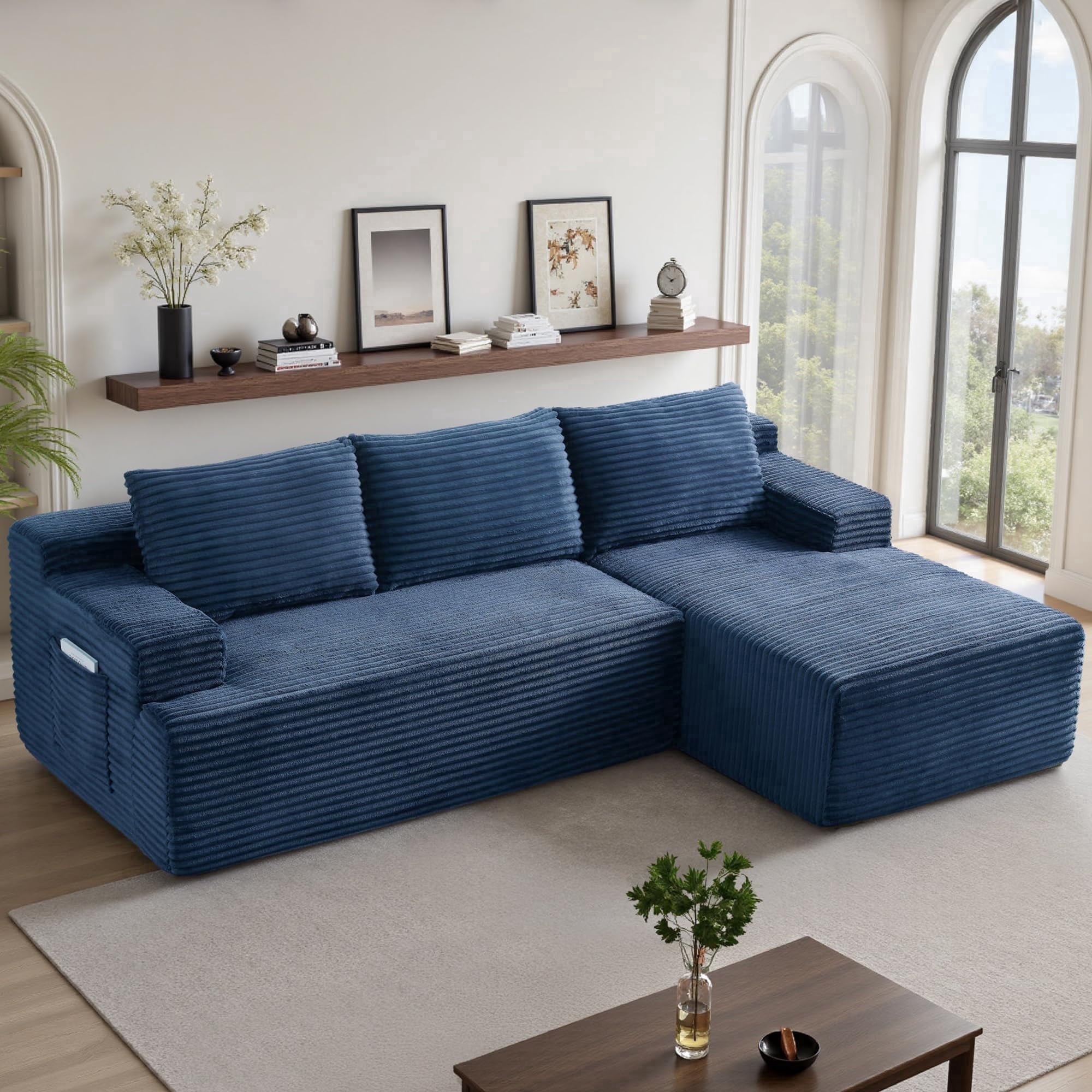 96 L-Shaped Sectional Couches for Living Room, Modular Cloud Couch with Chaise, Corduroy Deep Seat Boneless Sofa, No Assembly, Black